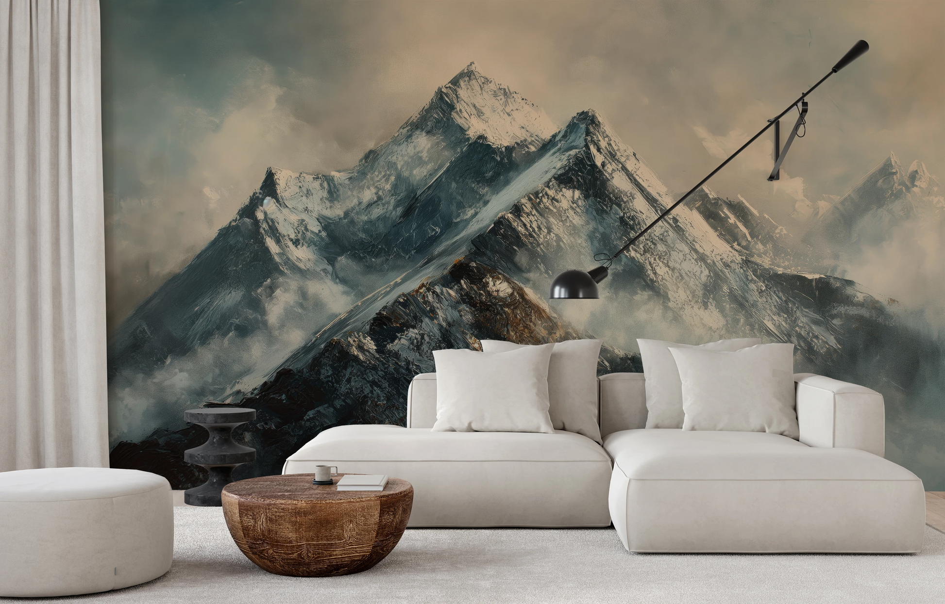 Wzór fototapety artystycznej o nazwie Frosty Peaks pokazanej w aranżacji wnętrza.