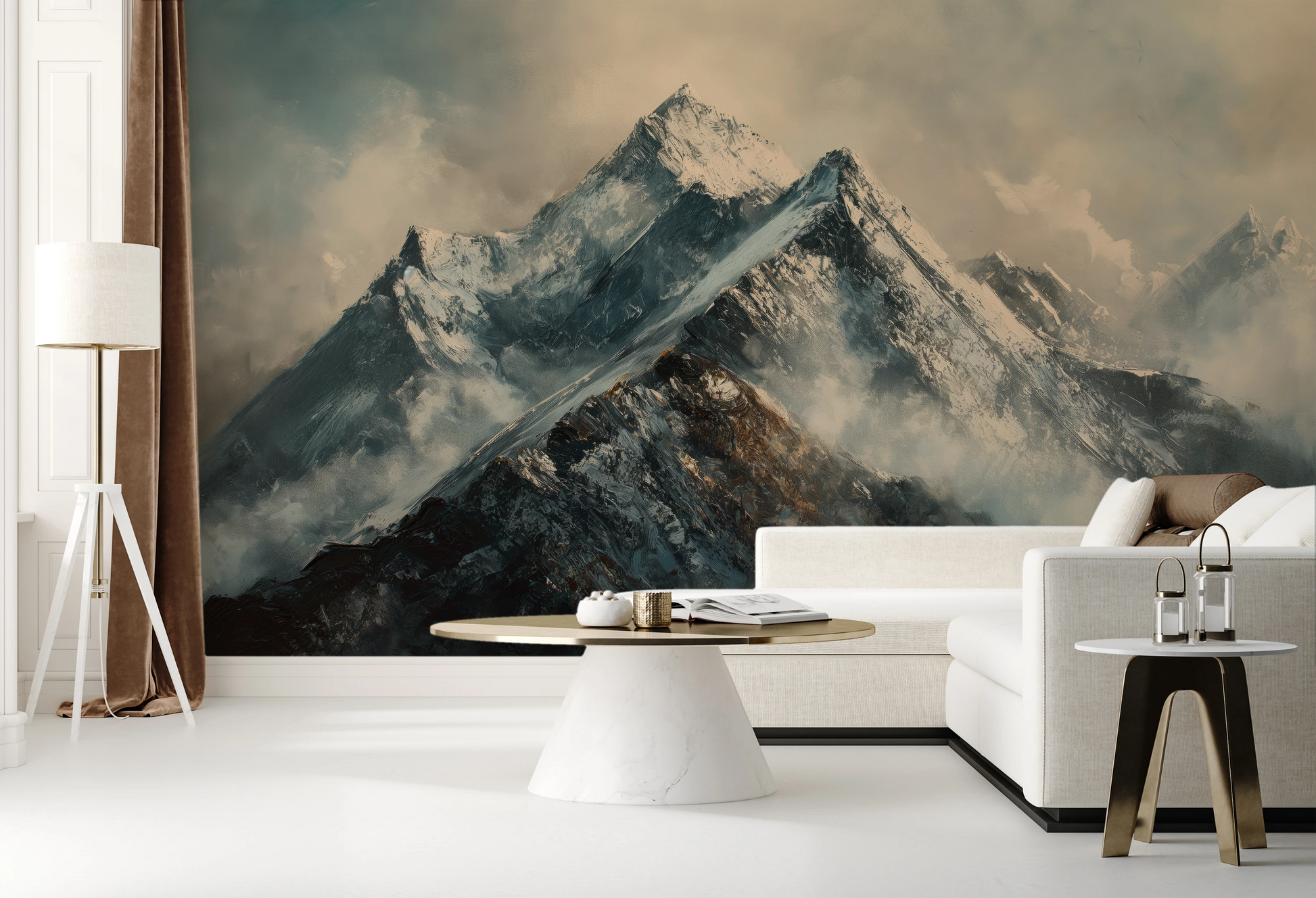 Zdjęcie prezentuje aranżację wnętrza z użyciem fototapety o nazwie Frosty Peaks pokazanej w aranżacji wnętrza.
