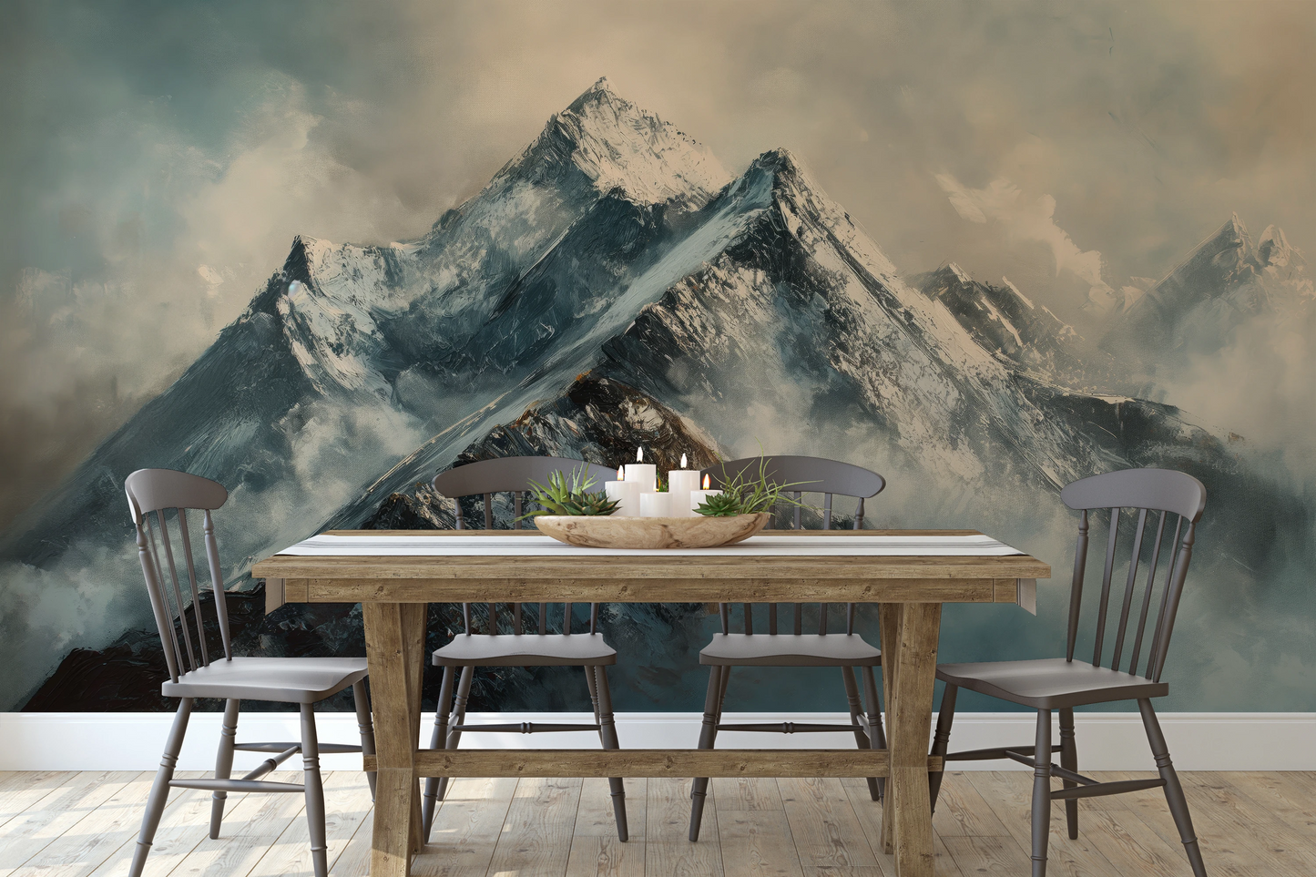 Wzór fototapety o nazwie Frosty Peaks pokazanej w kontekście pomieszczenia.