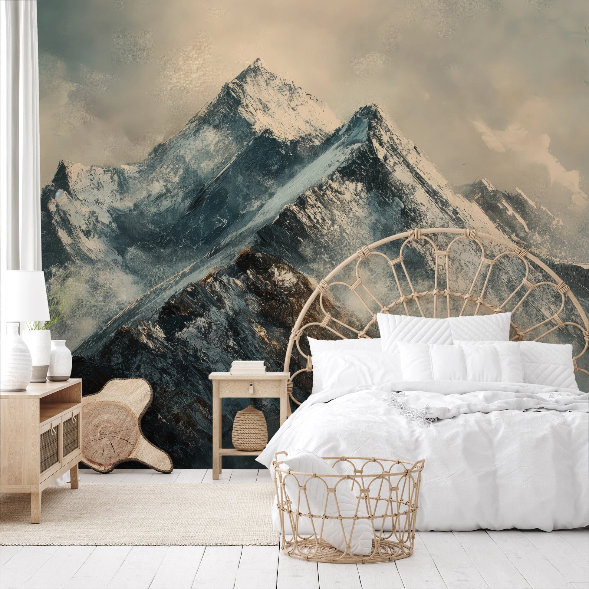 Wzór fototapety artystycznej o nazwie Frosty Peaks pokazanej w aranżacji wnętrza.