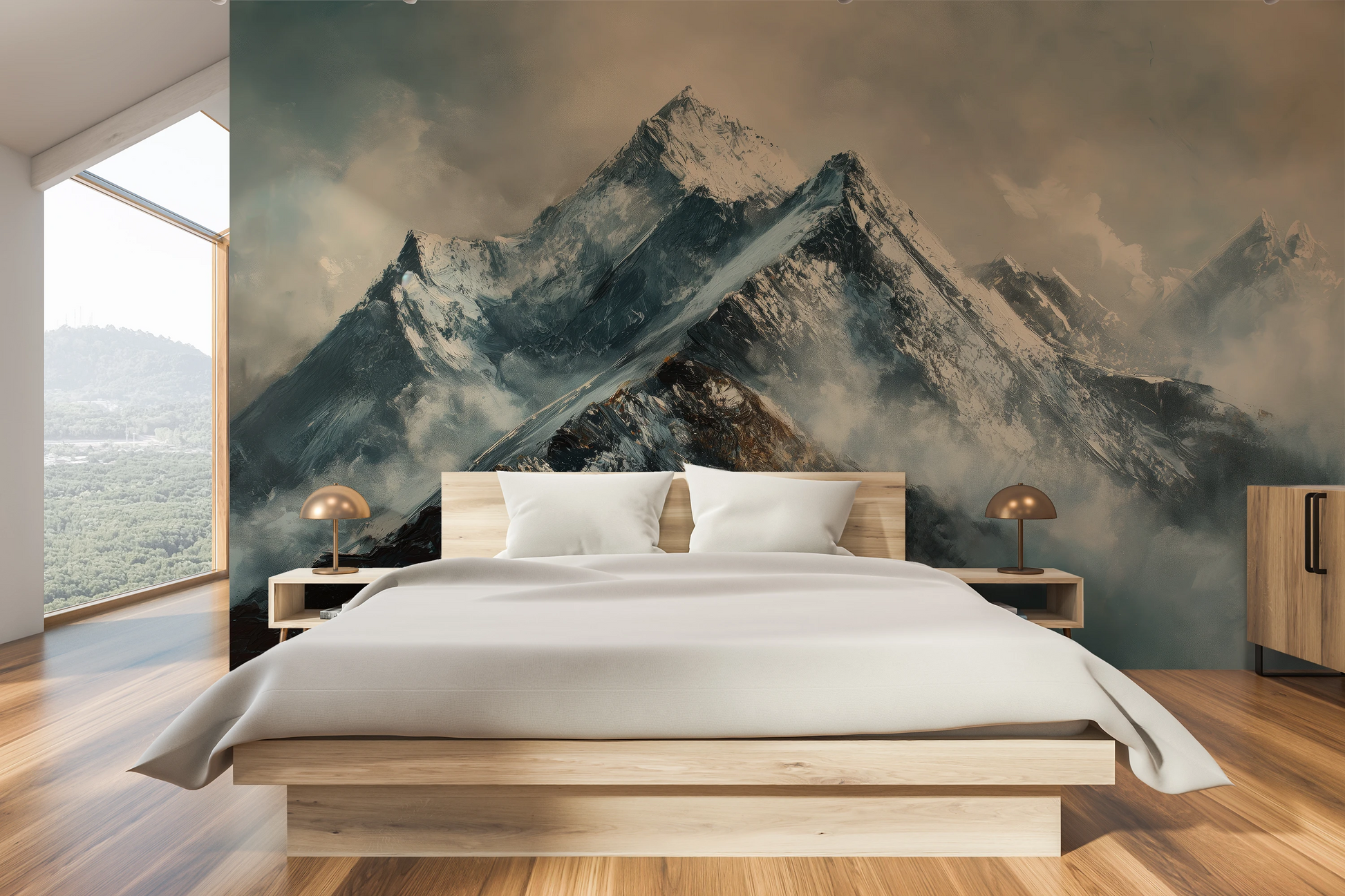 Wzór fototapety malowanej o nazwie Frosty Peaks pokazanej w aranżacji wnętrza.