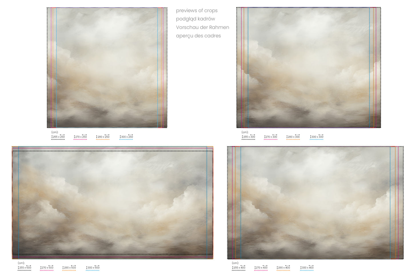 Na obrazie znajduje się prezentacja przykładowych rozmiarów fototapety o nazwie TRANSCENDENT CLOUD REALM. Rozmiar fototapety jest dowolny.