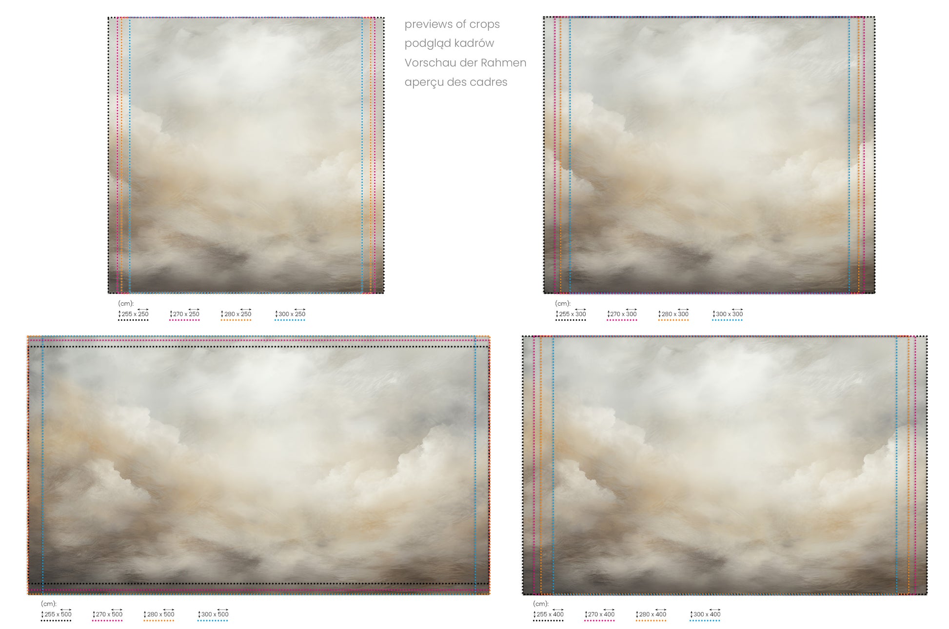 Na obrazie znajduje się prezentacja przykładowych rozmiarów fototapety o nazwie TRANSCENDENT CLOUD REALM. Rozmiar fototapety jest dowolny.