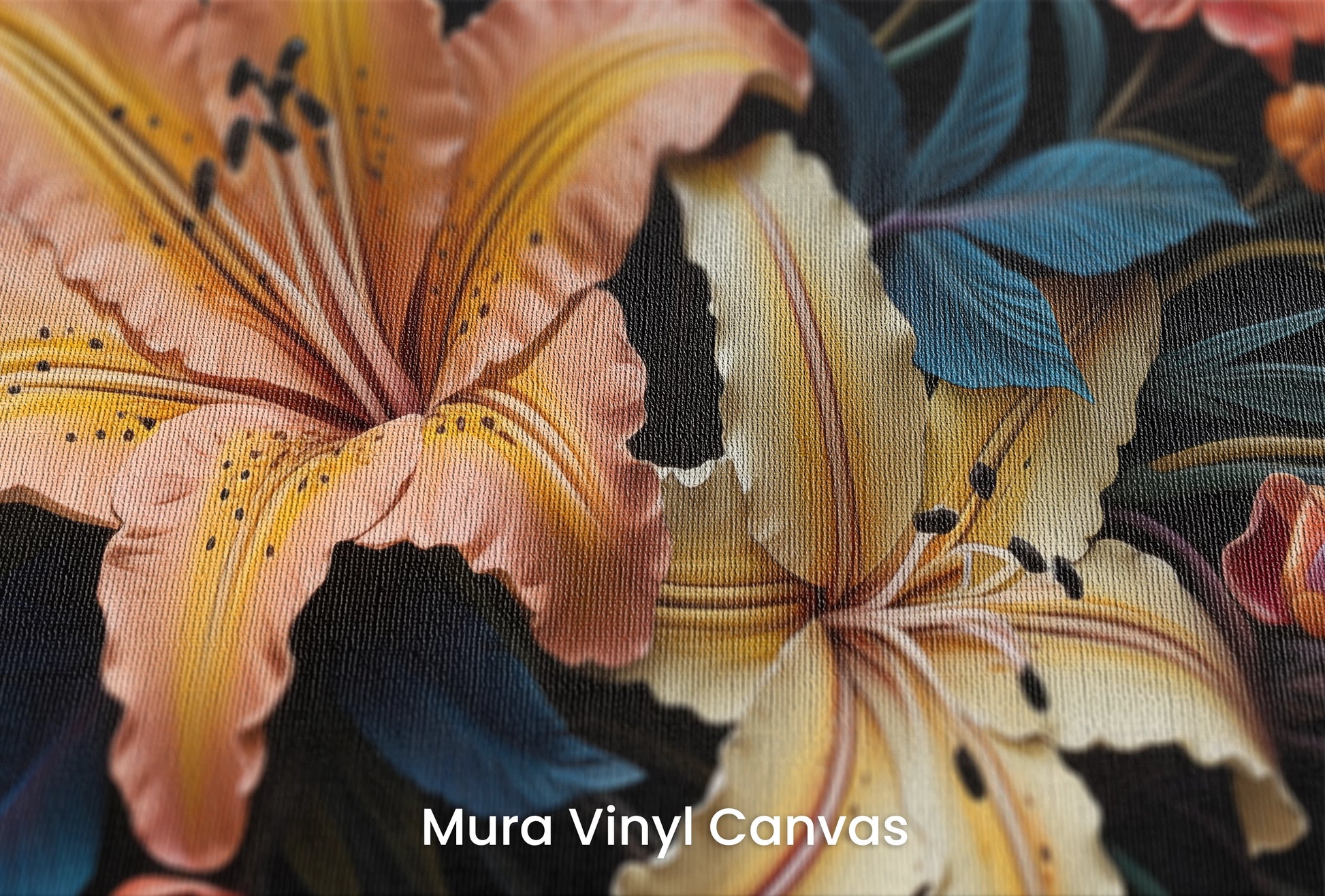 Zbliżenie na artystyczną fototapetę o nazwie Tropical Splendor na podłożu Mura Vinyl Canvas - faktura naturalnego płótna.