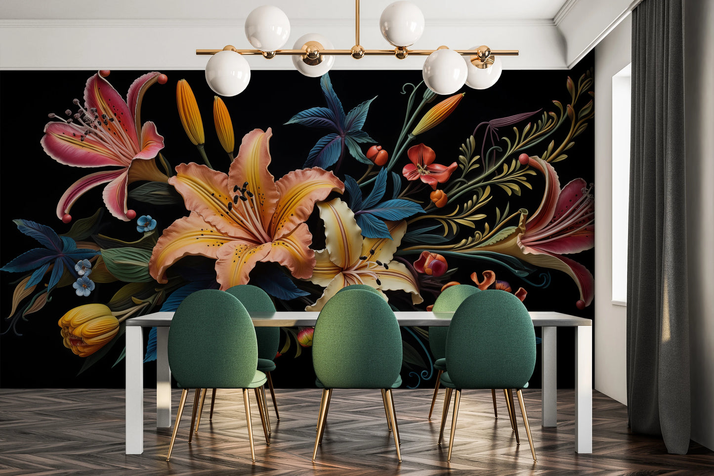 Fototapeta malowana o nazwie Tropical Splendor pokazana w aranżacji wnętrza.