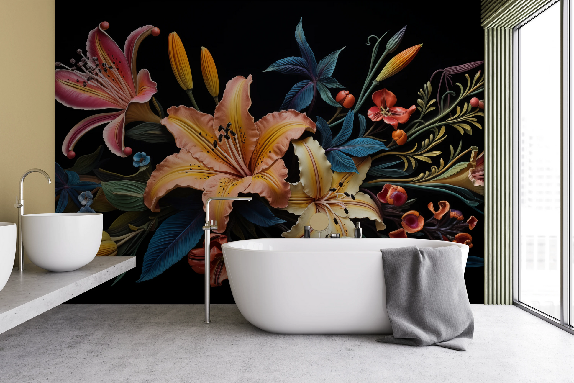 Fototapeta artystyczna o nazwie Tropical Splendor pokazana w aranżacji wnętrza.