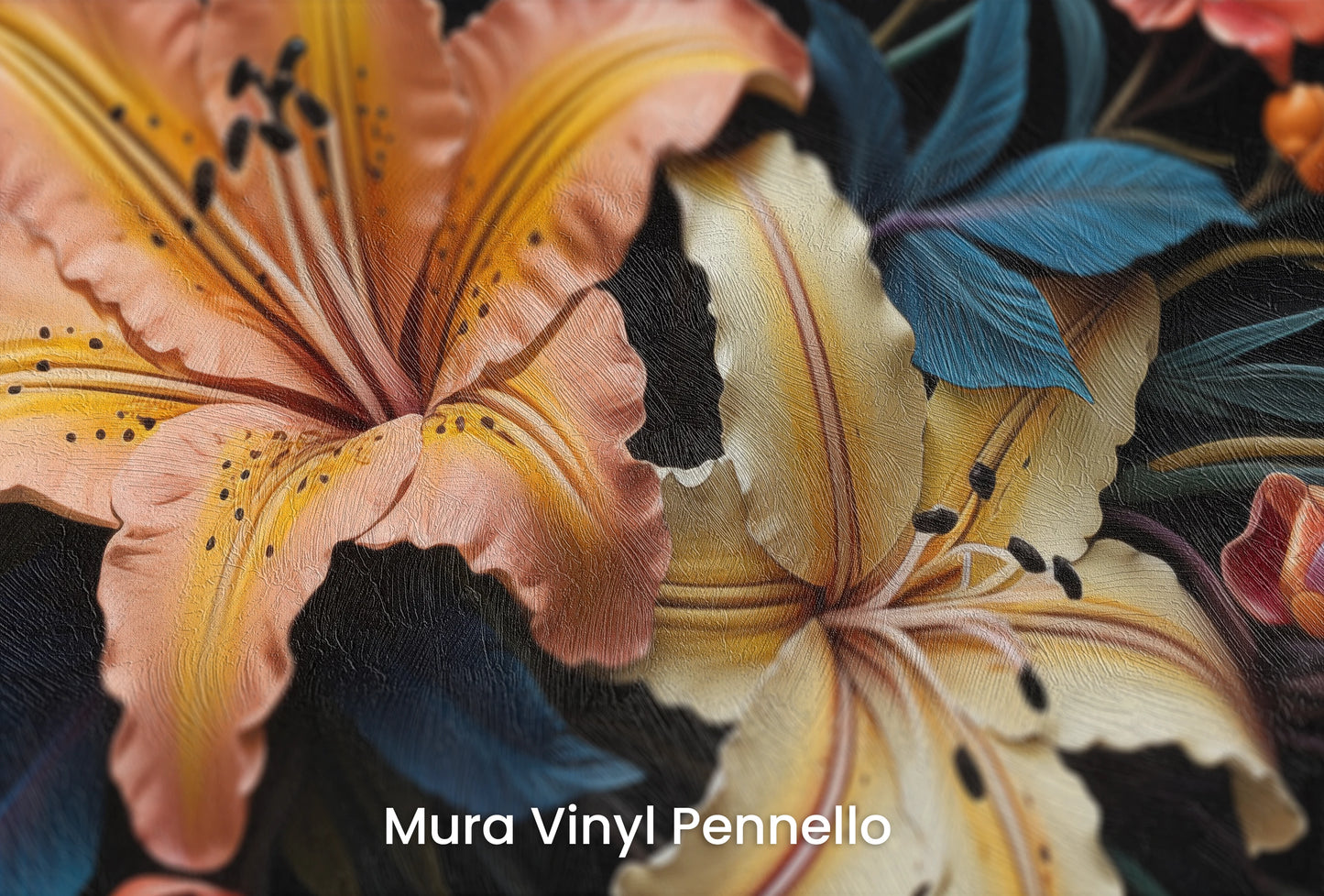 Zbliżenie na artystyczną fototapetę o nazwie Tropical Splendor na podłożu Mura Vinyl Pennello - faktura pociągnięć pędzla malarskiego.