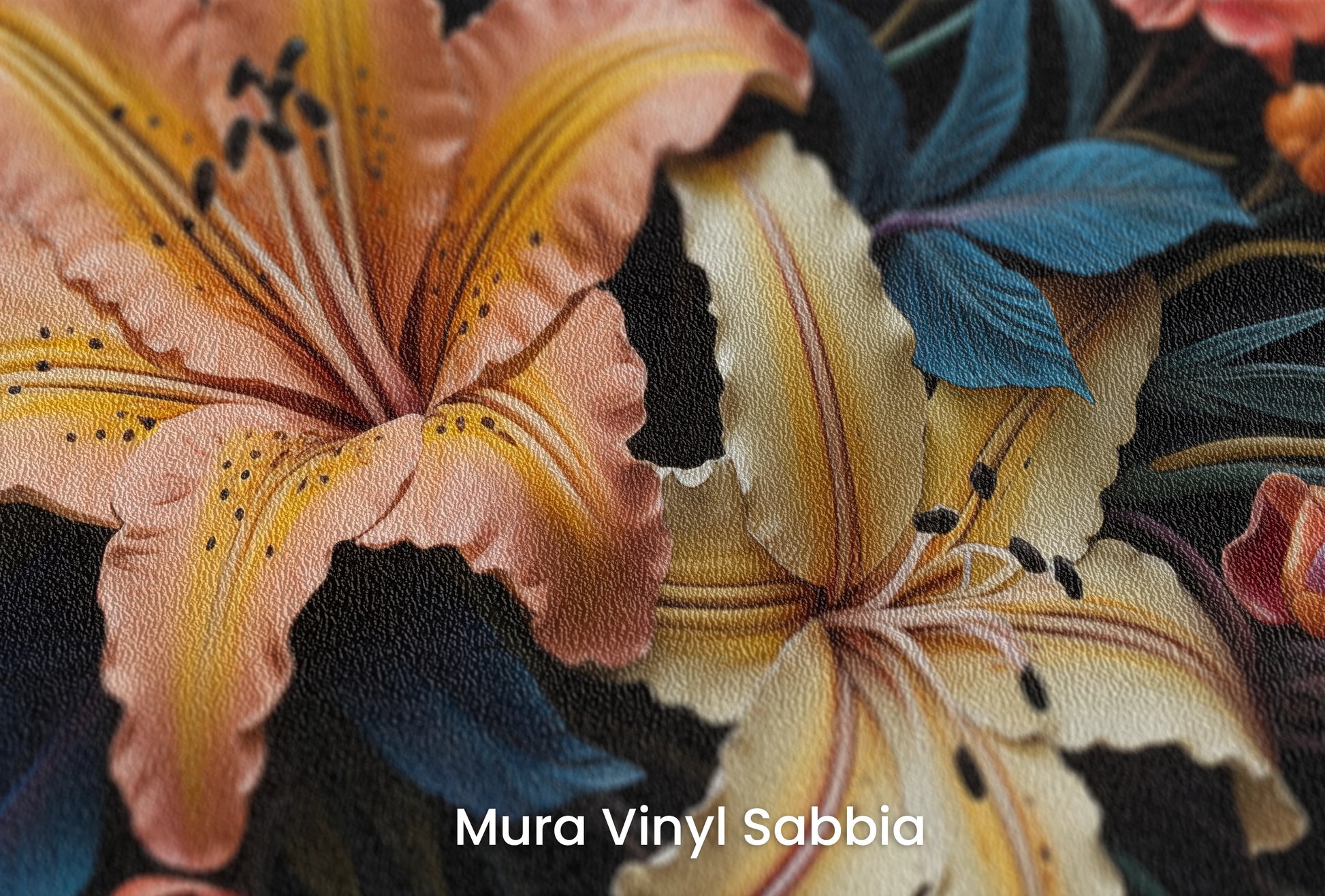 Zbliżenie na artystyczną fototapetę o nazwie Tropical Splendor na podłożu Mura Vinyl Sabbia struktura grubego ziarna piasku.