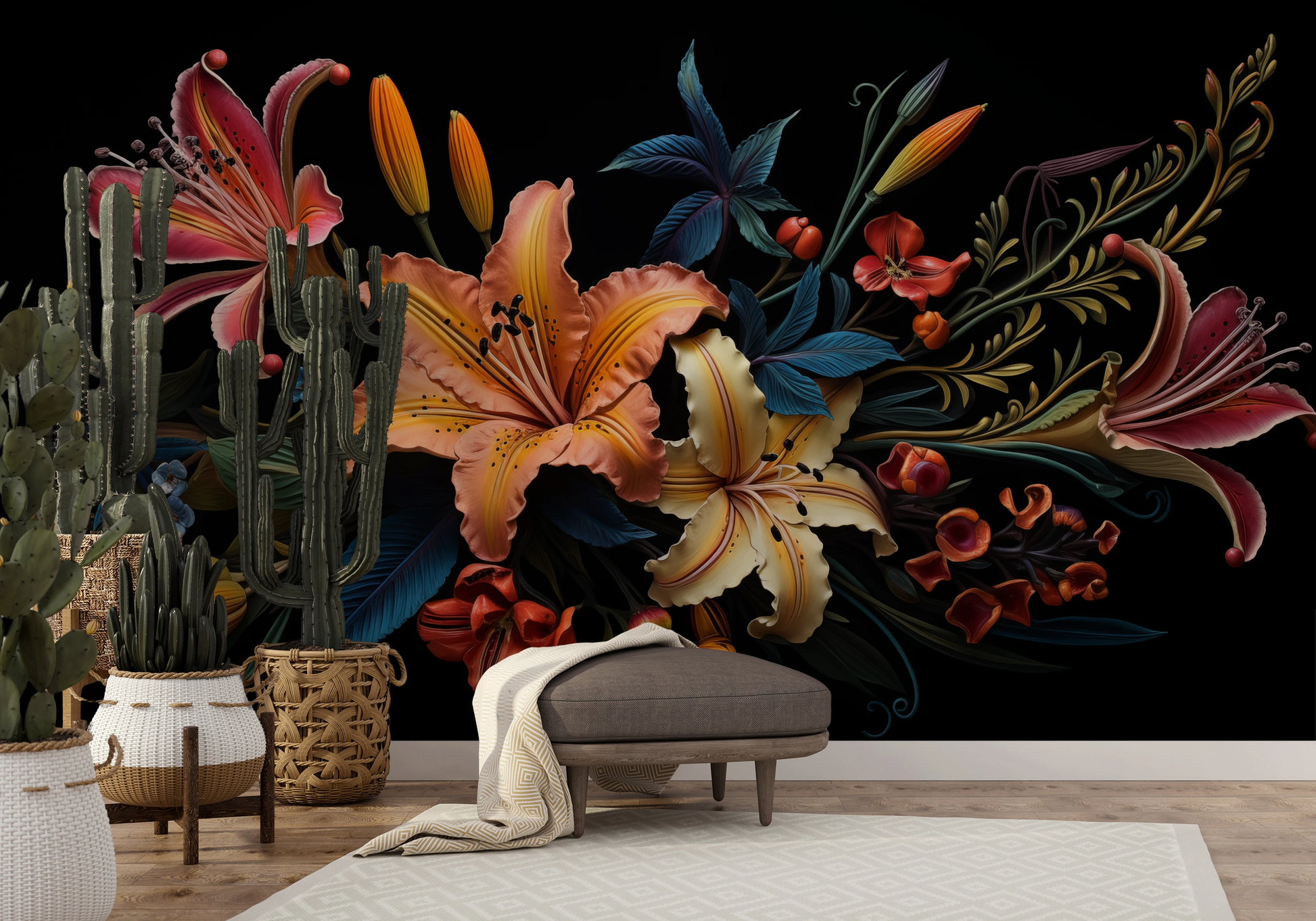 Wzór fototapety artystycznej o nazwie Tropical Splendor pokazanej w aranżacji wnętrza.