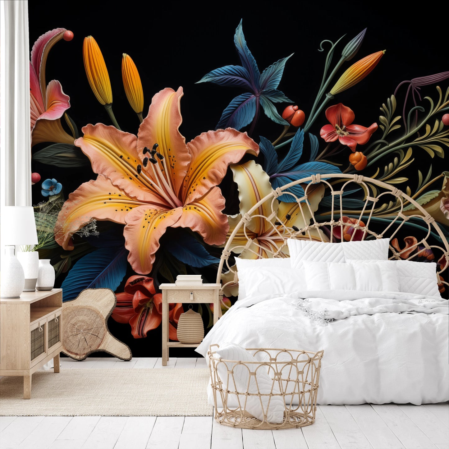 Wzór fototapety o nazwie Tropical Splendor pokazanej w kontekście pomieszczenia.