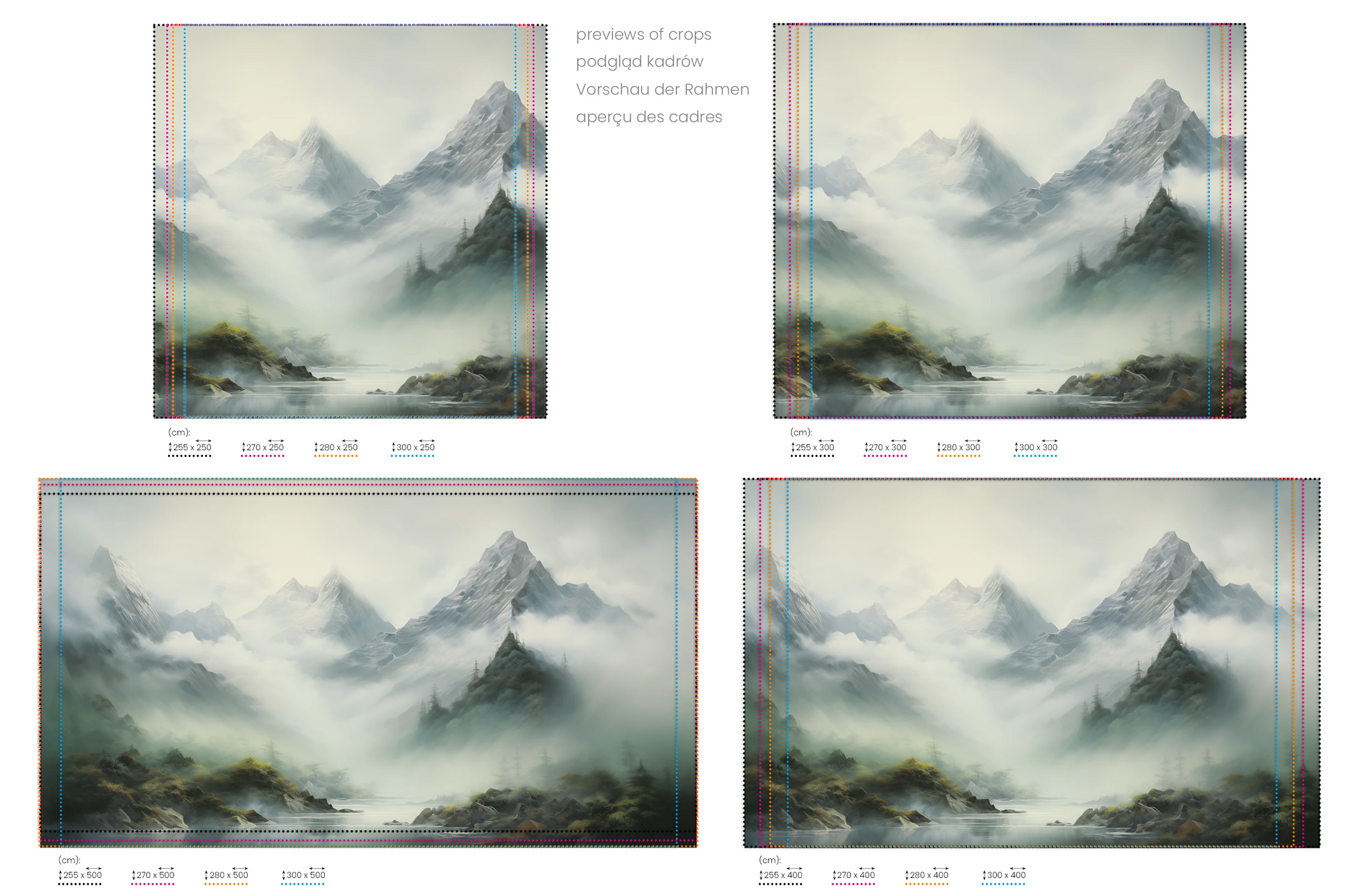 Na obrazie znajduje się prezentacja przykładowych rozmiarów fototapety o nazwie Enchanted Valley. Rozmiar fototapety jest dowolny.