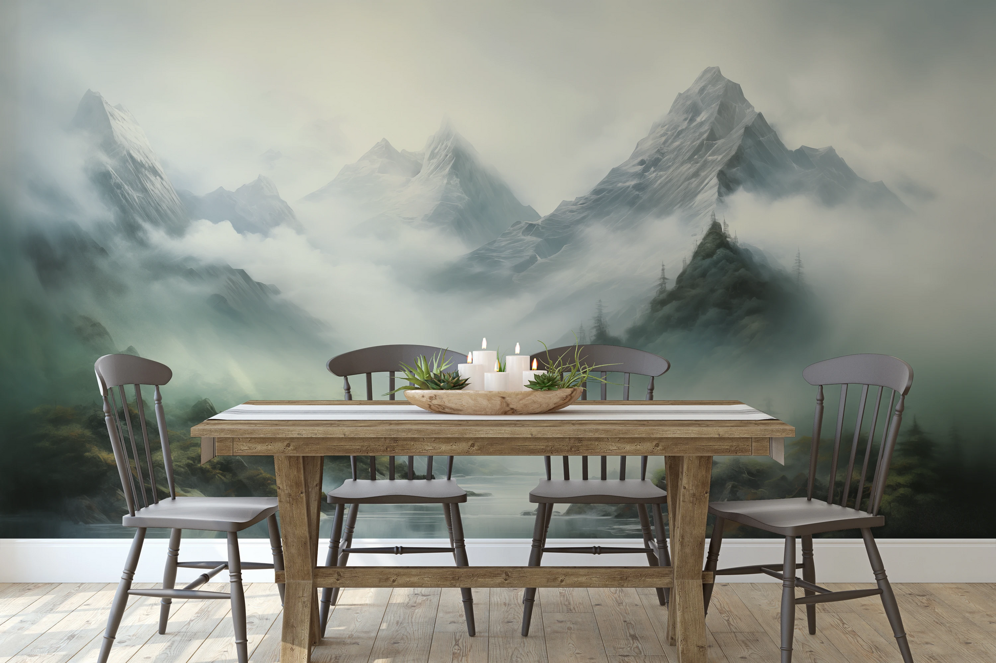 Wzór fototapety artystycznej o nazwie Enchanted Valley pokazanej w aranżacji wnętrza.