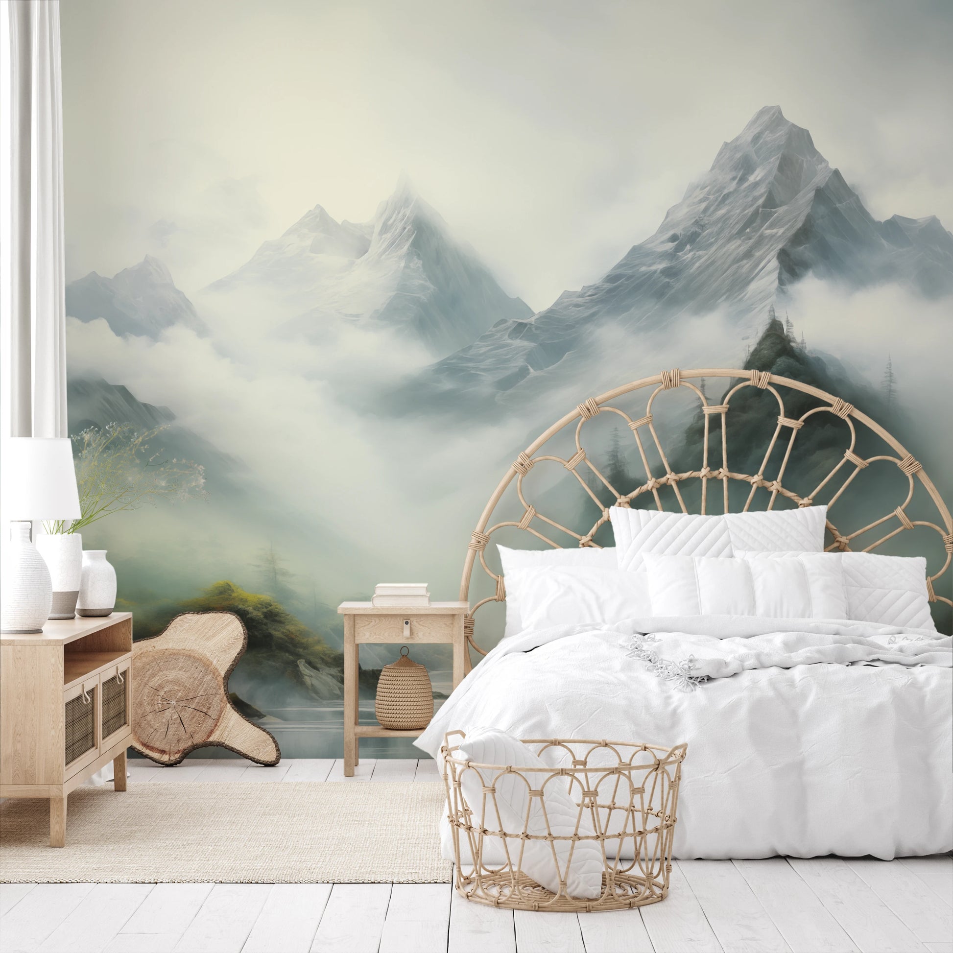 Zdjęcie prezentuje aranżację wnętrza z użyciem fototapety o nazwie Enchanted Valley pokazanej w aranżacji wnętrza.