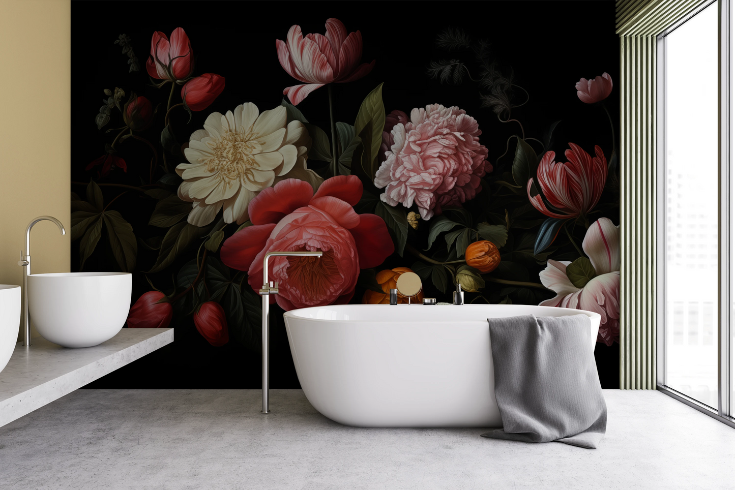 Zdjęcie prezentuje aranżację wnętrza z użyciem fototapety o nazwie Dutch Floral Classic pokazanej w aranżacji wnętrza.