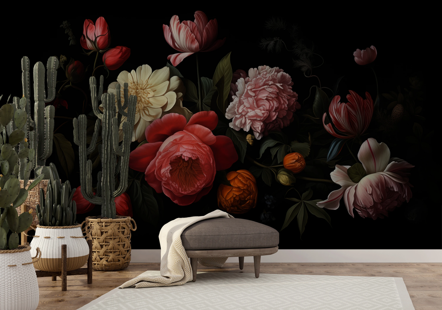 Wzór fototapety artystycznej o nazwie Dutch Floral Classic pokazanej w aranżacji wnętrza.