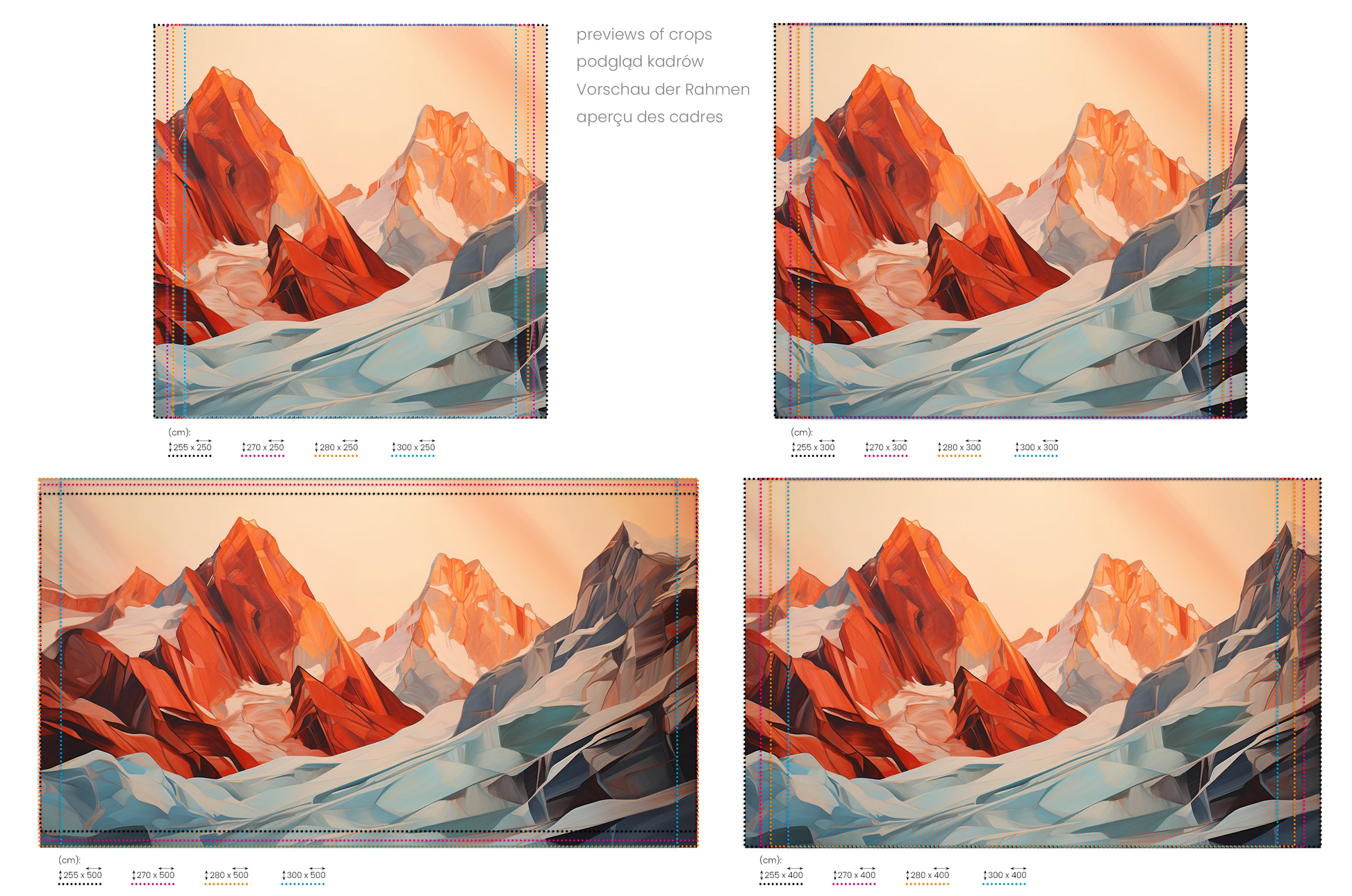 Na obrazie znajduje się prezentacja przykładowych rozmiarów fototapety o nazwie Geometric Glaciers. Rozmiar fototapety jest dowolny.