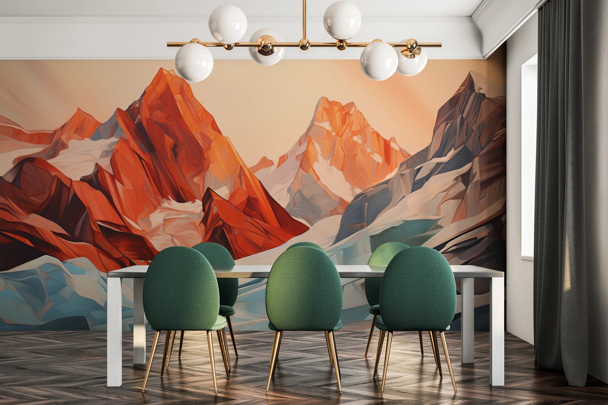 Zdjęcie prezentuje aranżację wnętrza z użyciem fototapety o nazwie Geometric Glaciers pokazanej w aranżacji wnętrza.