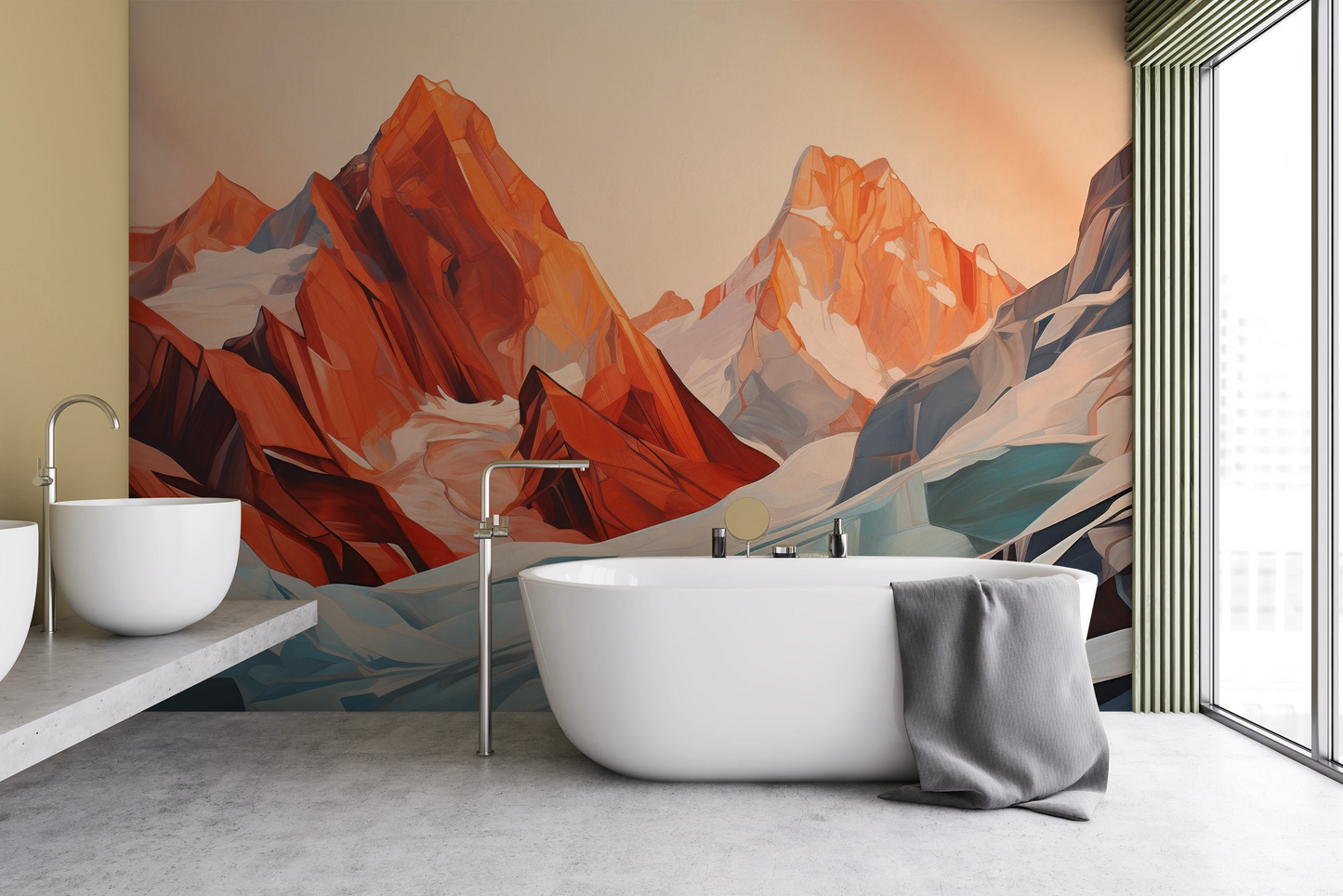 Wzór fototapety malowanej o nazwie Geometric Glaciers pokazanej w aranżacji wnętrza.