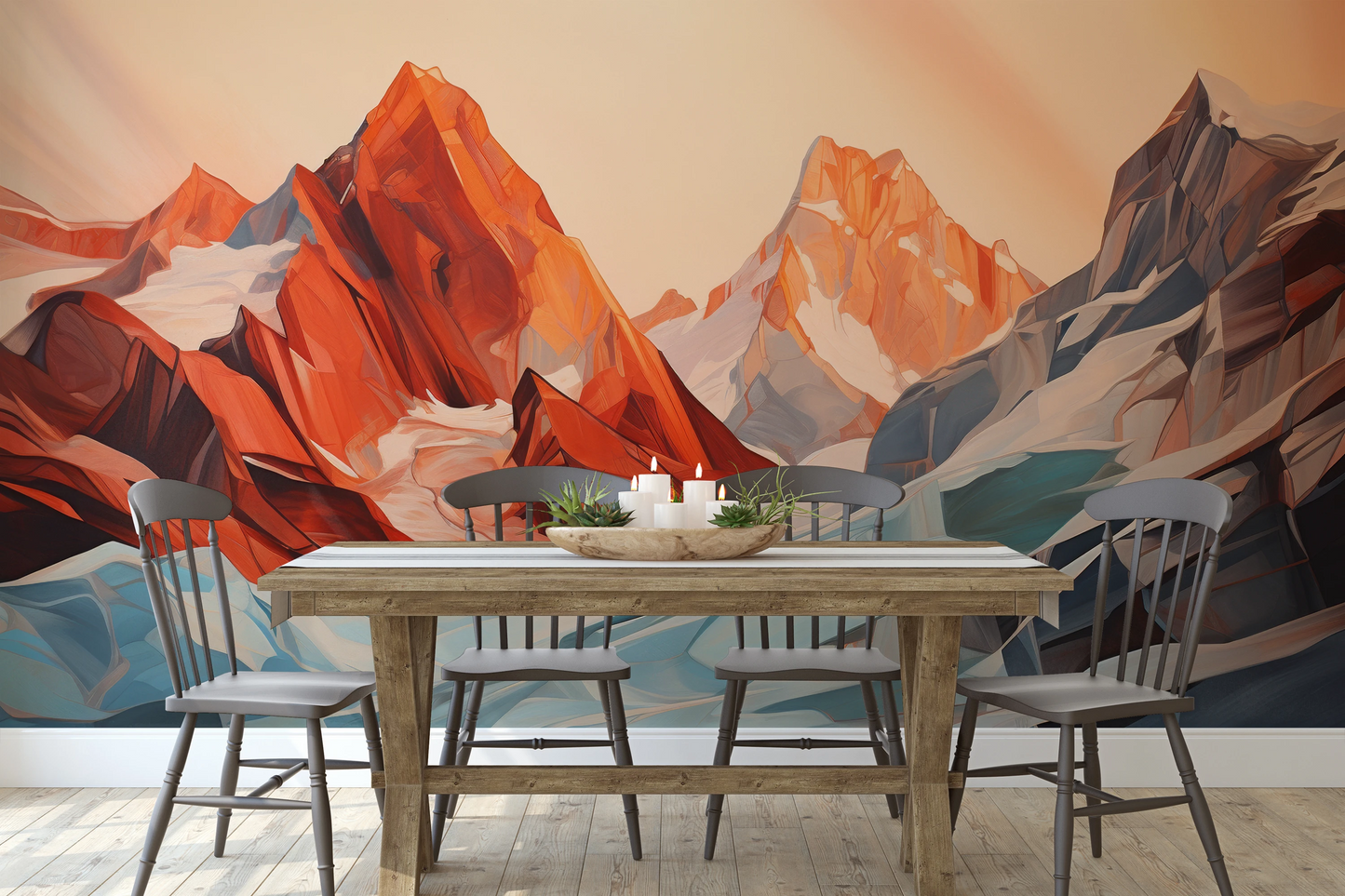 Wzór fototapety artystycznej o nazwie Geometric Glaciers pokazanej w aranżacji wnętrza.