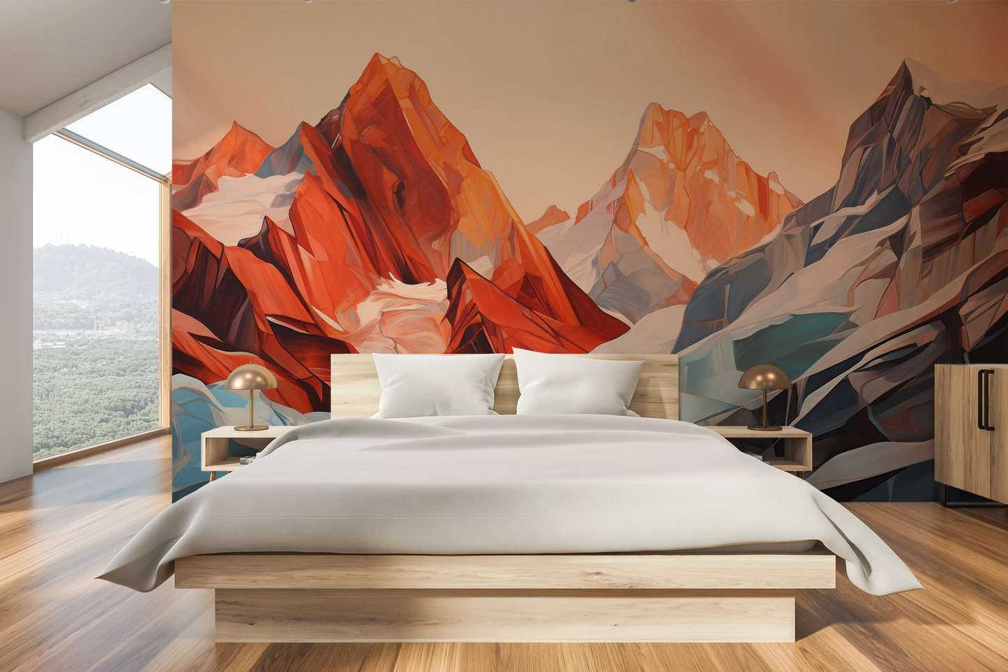 Wzór fototapety artystycznej o nazwie Geometric Glaciers pokazanej w aranżacji wnętrza.