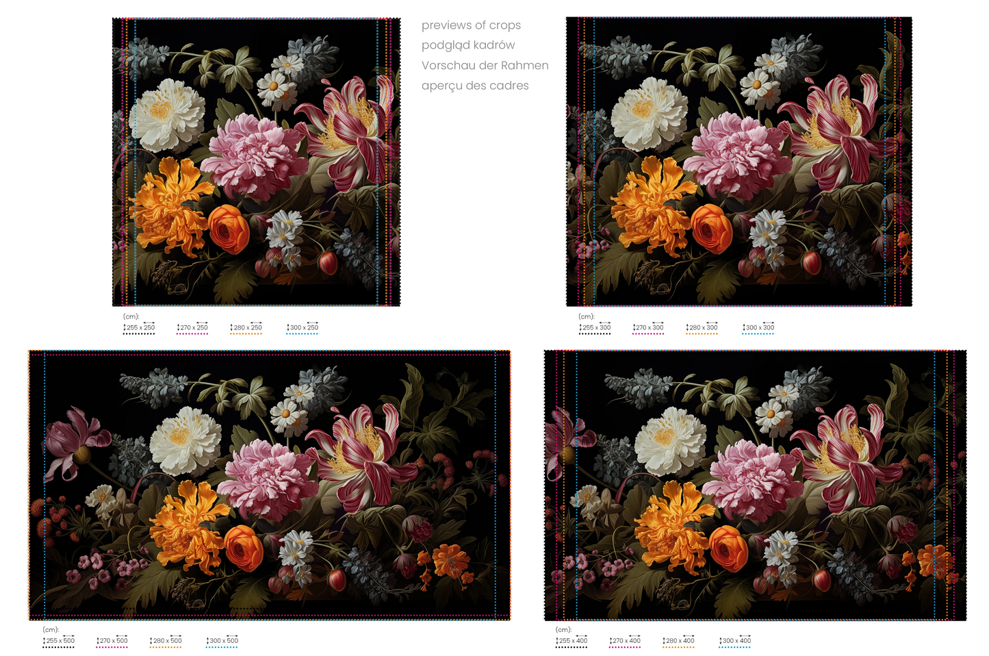 Na obrazie znajduje się prezentacja przykładowych rozmiarów fototapety o nazwie Golden Age Flowers. Rozmiar fototapety jest dowolny.