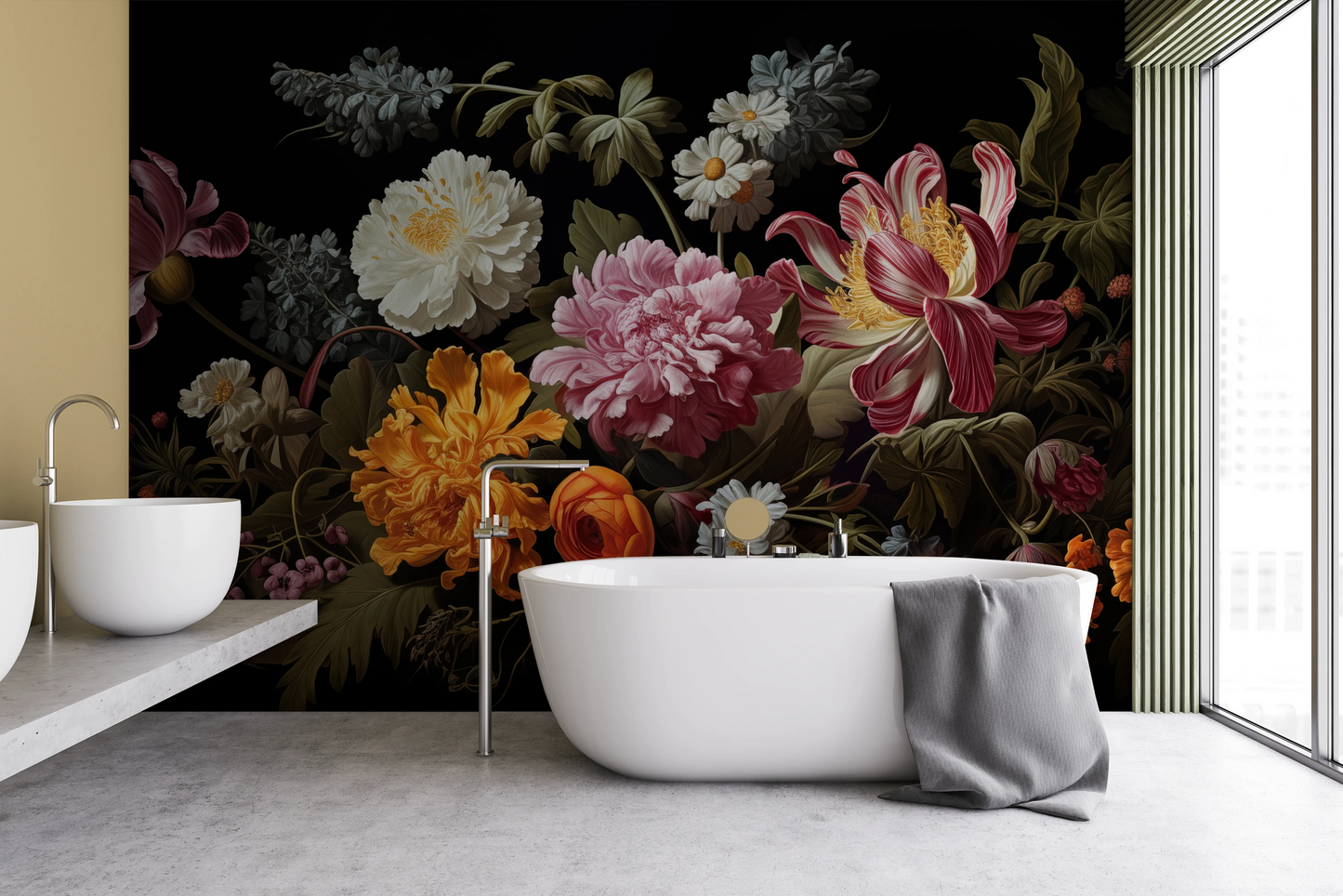 Wzór fototapety malowanej o nazwie Golden Age Flowers pokazanej w aranżacji wnętrza.