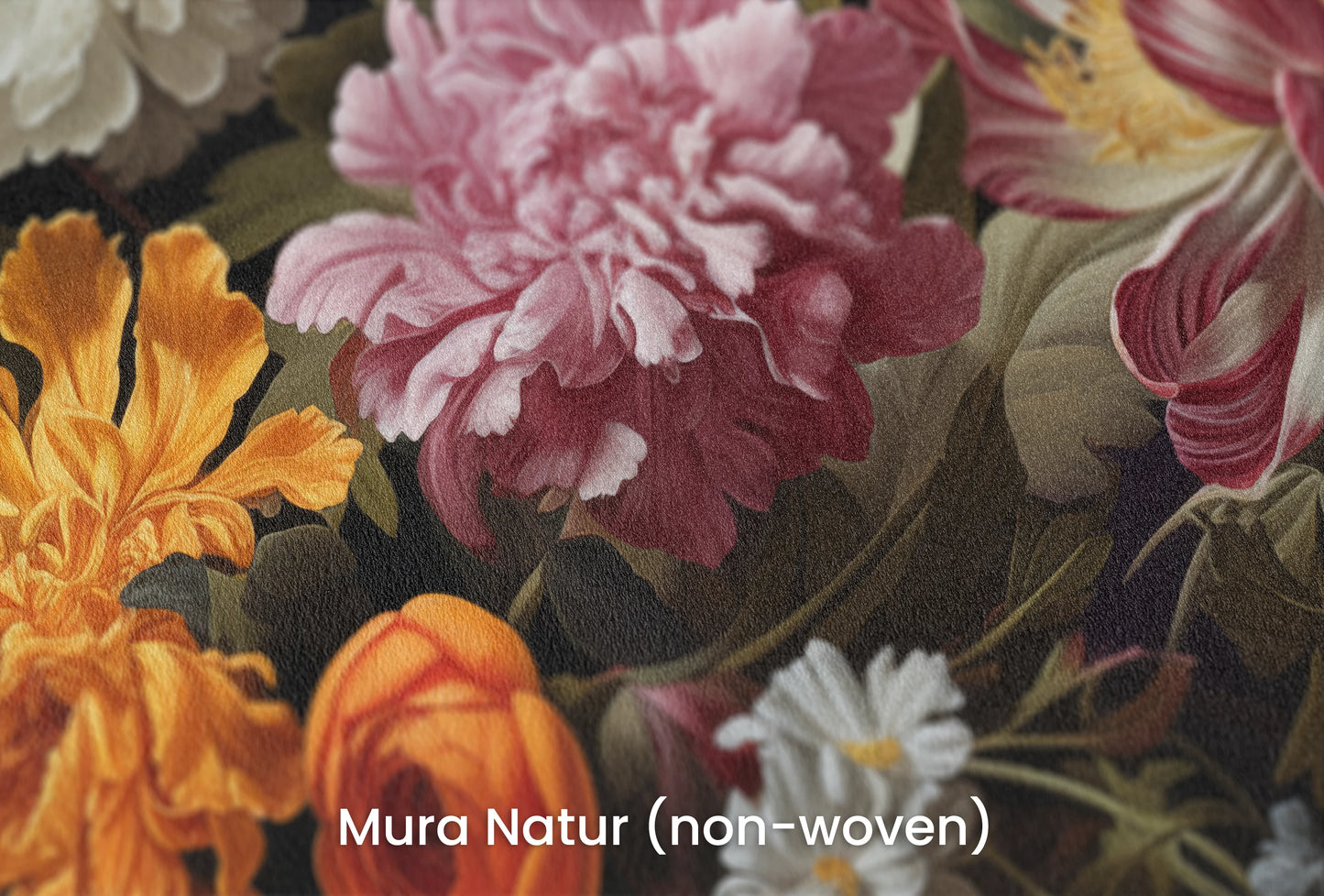 Zbliżenie na artystyczną fototapetę o nazwie Golden Age Flowers na podłożu Mura Natur (non-woven) - naturalne i ekologiczne podłoże.