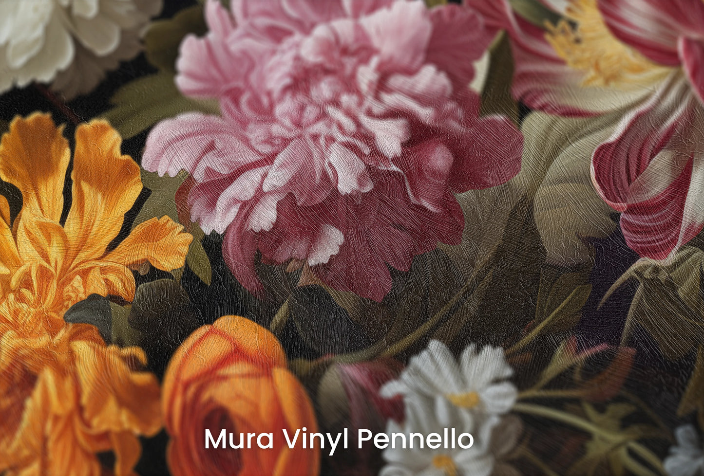 Zbliżenie na artystyczną fototapetę o nazwie Golden Age Flowers na podłożu Mura Vinyl Pennello - faktura pociągnięć pędzla malarskiego.