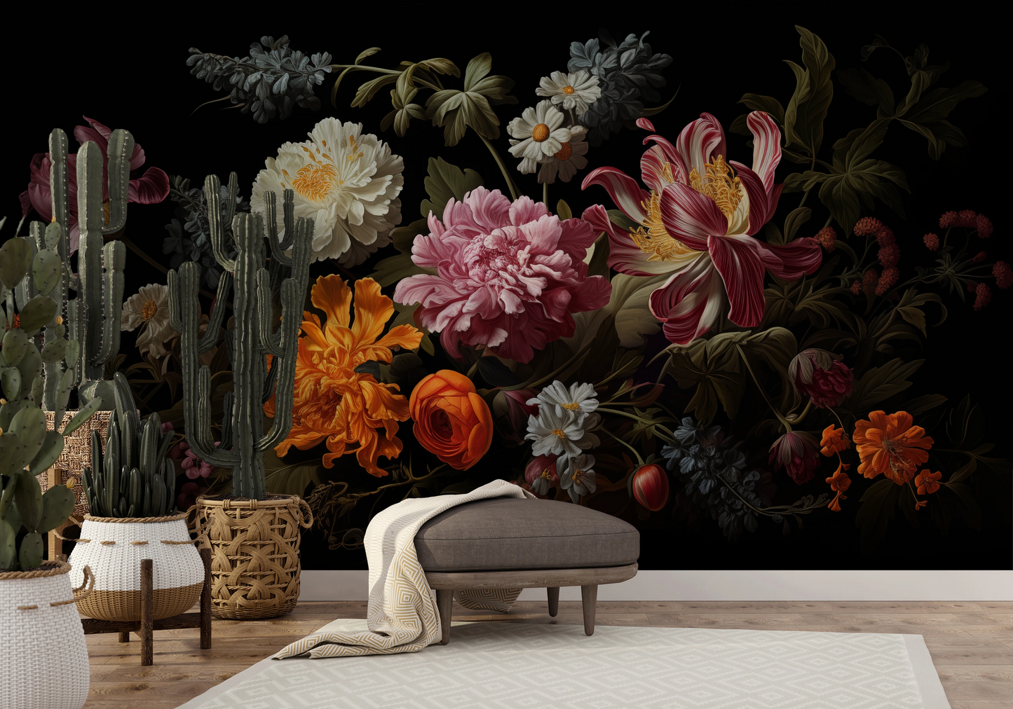 Zdjęcie prezentuje aranżację wnętrza z użyciem fototapety o nazwie Golden Age Flowers pokazanej w aranżacji wnętrza.