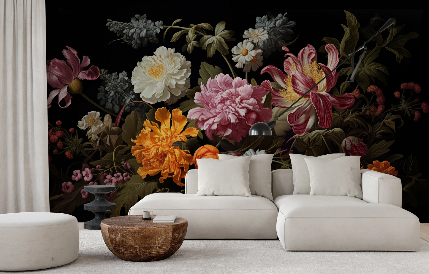 Wzór fototapety o nazwie Golden Age Flowers pokazanej w kontekście pomieszczenia.
