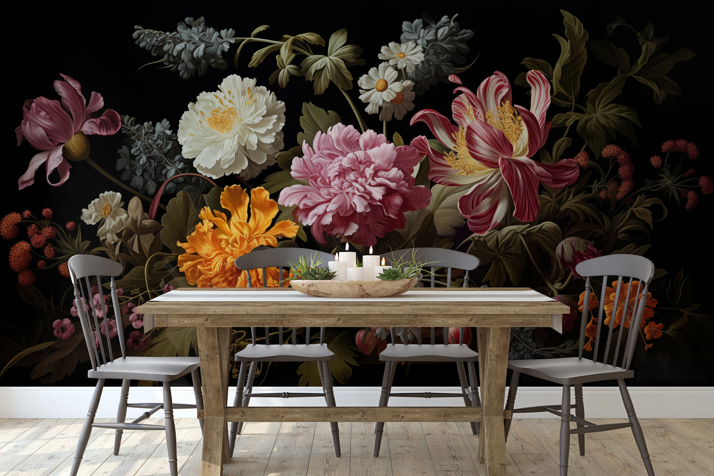 Wzór fototapety artystycznej o nazwie Golden Age Flowers pokazanej w aranżacji wnętrza.
