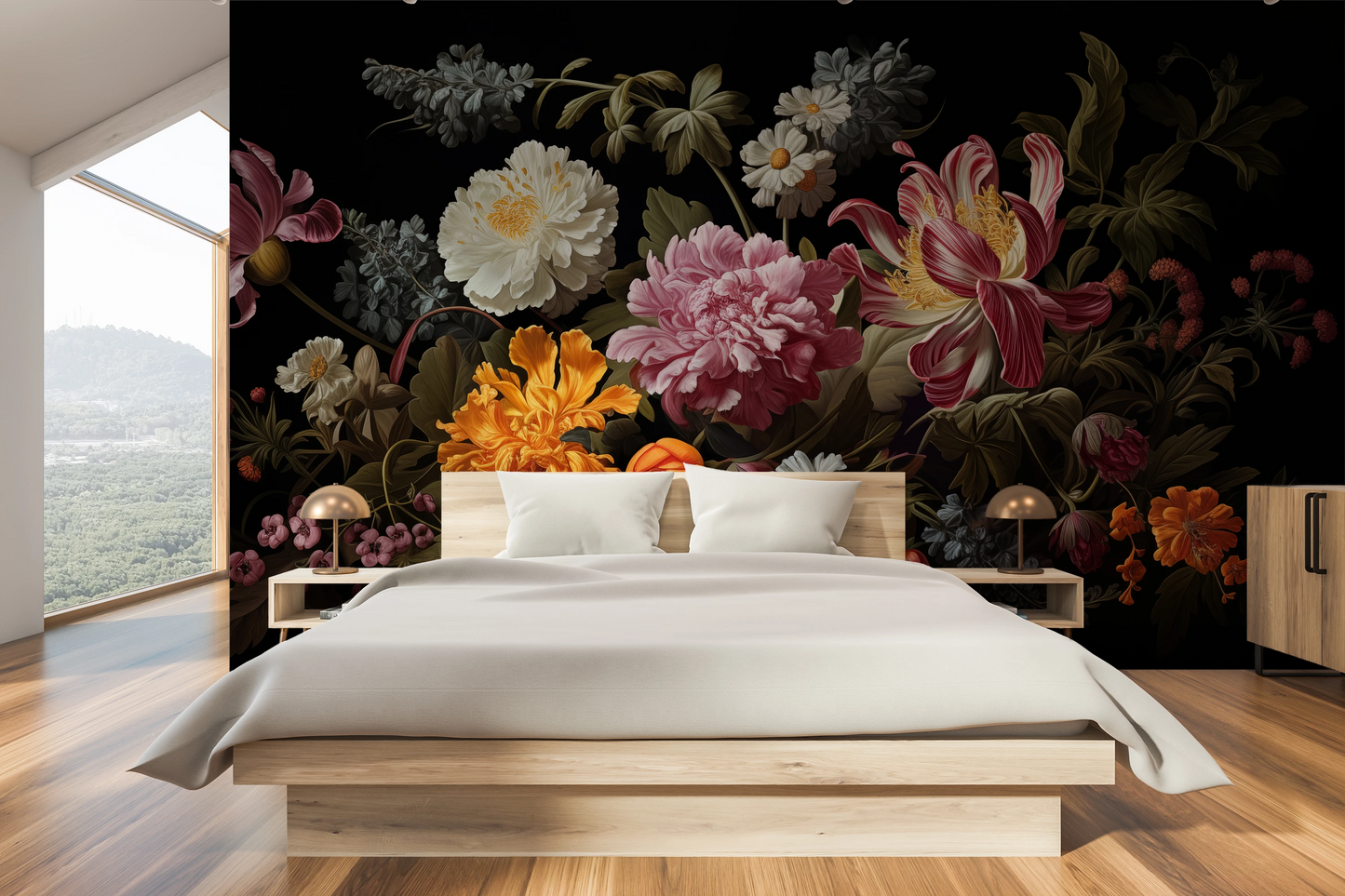 Fototapeta artystyczna o nazwie Golden Age Flowers pokazana w aranżacji wnętrza.
