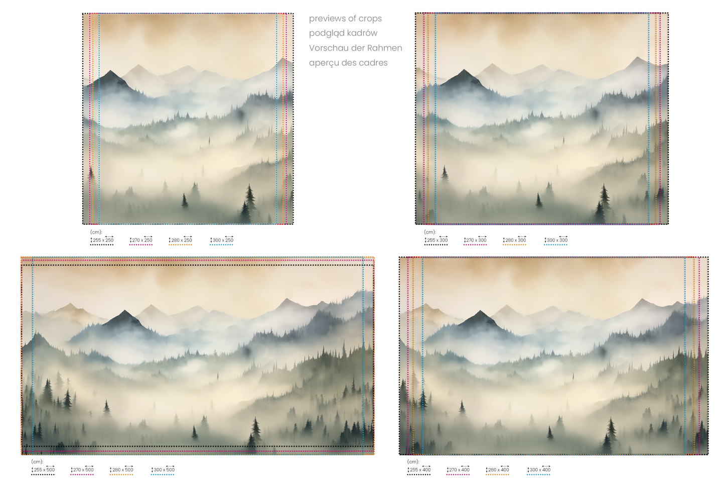 Na obrazie znajduje się prezentacja przykładowych rozmiarów fototapety o nazwie Misty Mountain Layers. Rozmiar fototapety jest dowolny.