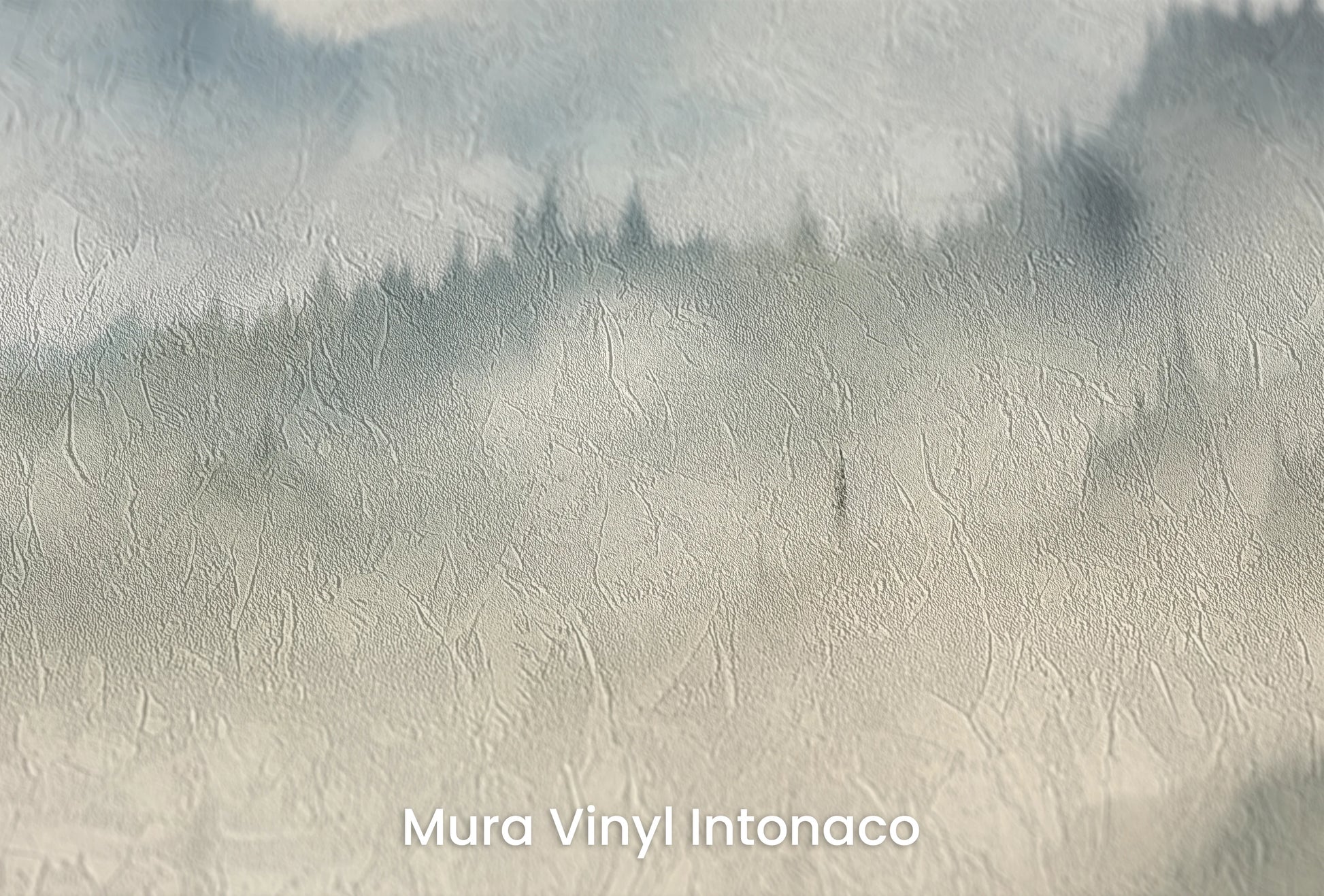 Zbliżenie na artystyczną fototapetę o nazwie Misty Mountain Layers na podłożu Mura Vinyl Intonaco - struktura tartego tynku.