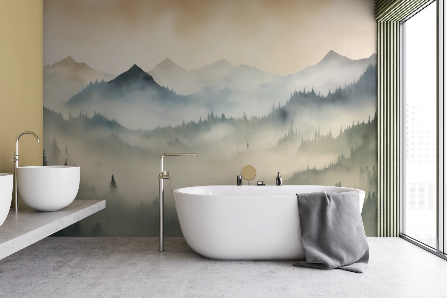 Wzór fototapety malowanej o nazwie Misty Mountain Layers pokazanej w aranżacji wnętrza.