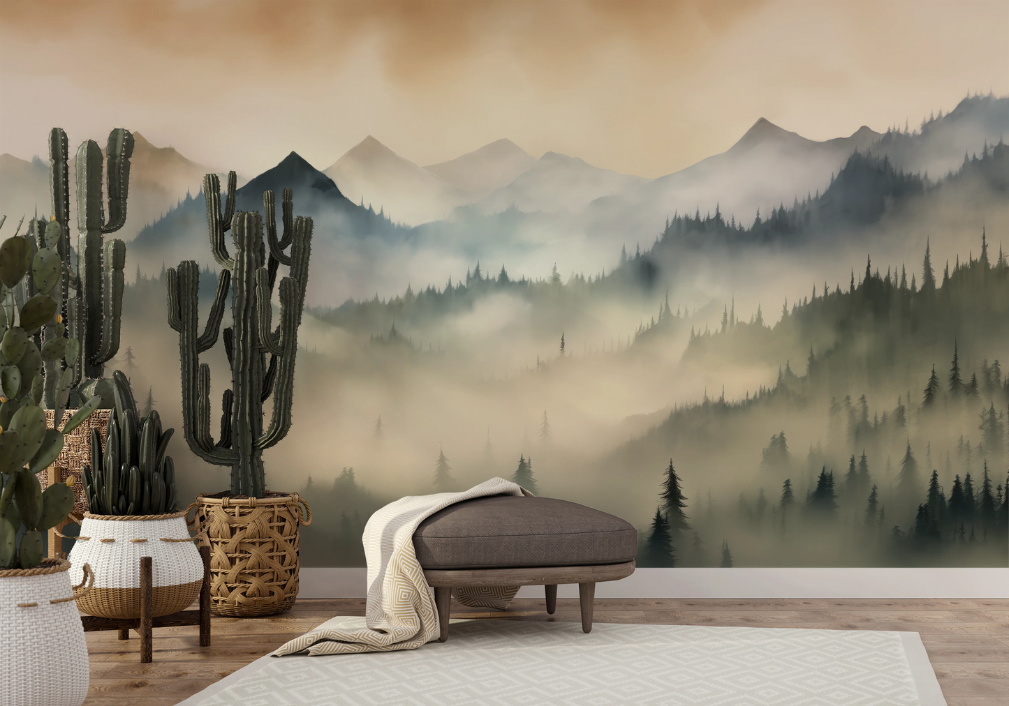 Wzór fototapety artystycznej o nazwie Misty Mountain Layers pokazanej w aranżacji wnętrza.