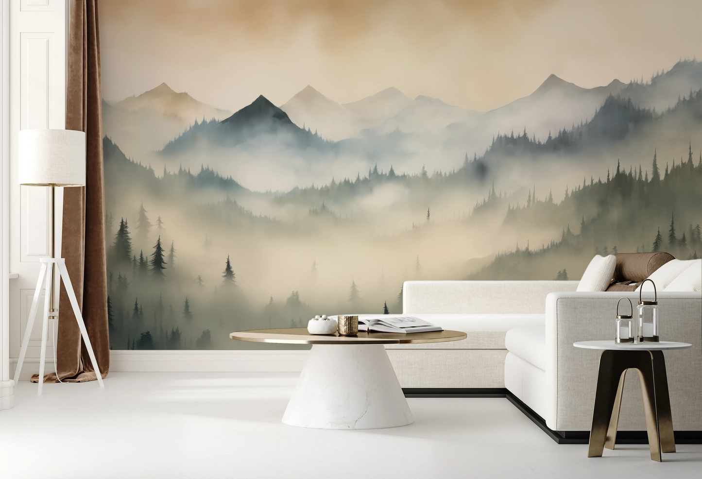 Wzór fototapety o nazwie Misty Mountain Layers pokazanej w kontekście pomieszczenia.