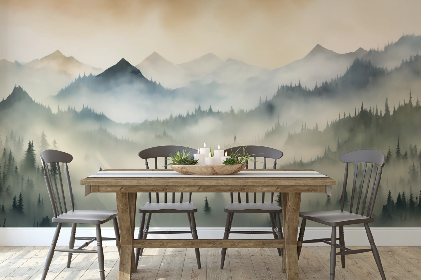 Zdjęcie prezentuje aranżację wnętrza z użyciem fototapety o nazwie Misty Mountain Layers pokazanej w aranżacji wnętrza.