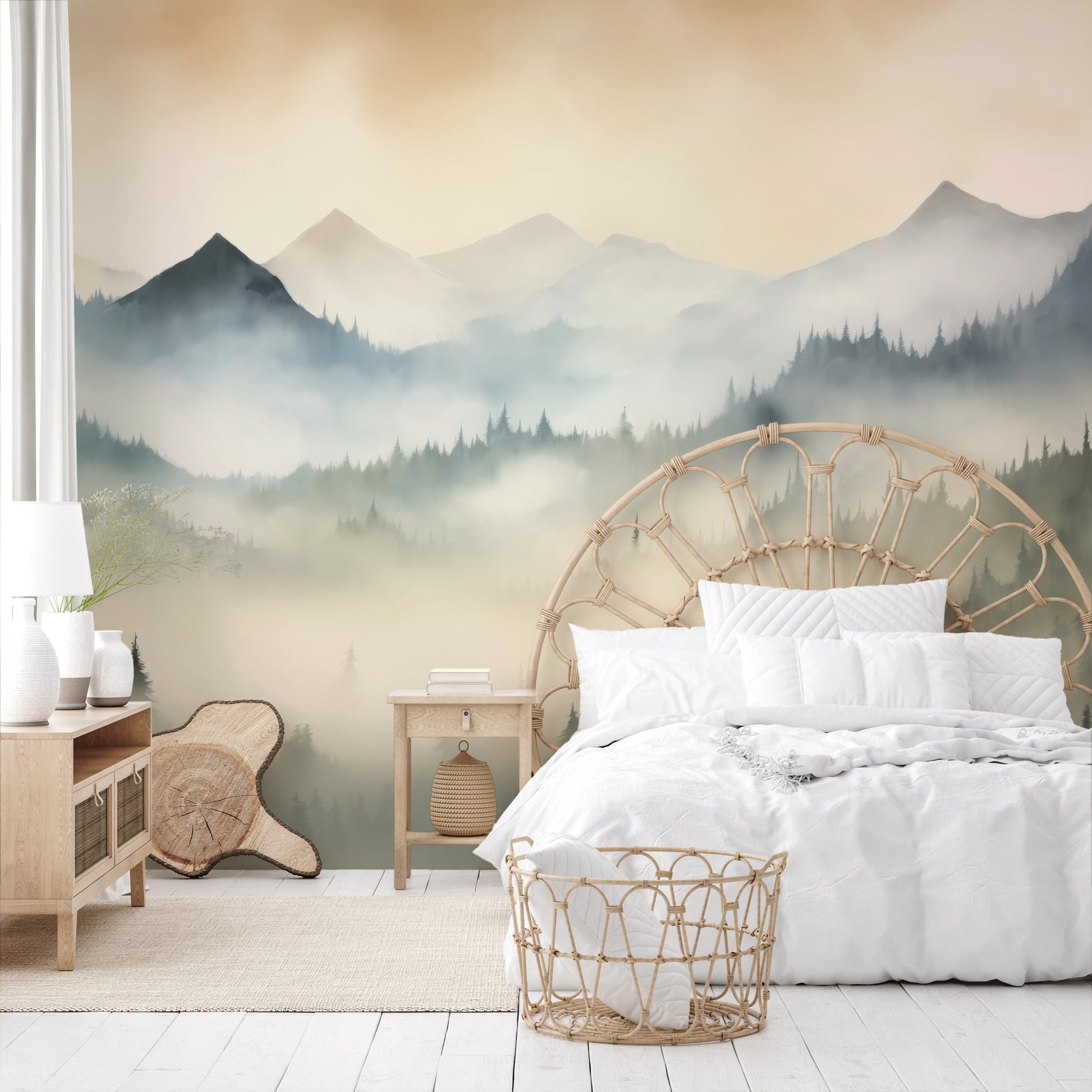 Wzór fototapety artystycznej o nazwie Misty Mountain Layers pokazanej w aranżacji wnętrza.