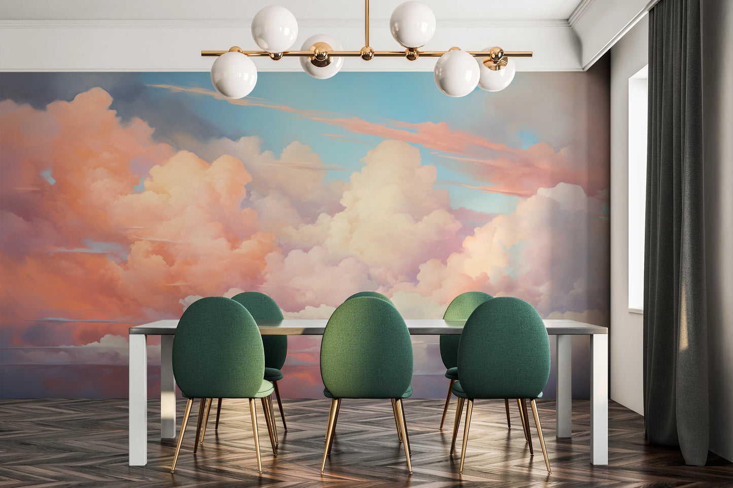 Wzór fototapety malowanej o nazwie Cotton Candy Skies pokazanej w aranżacji wnętrza.