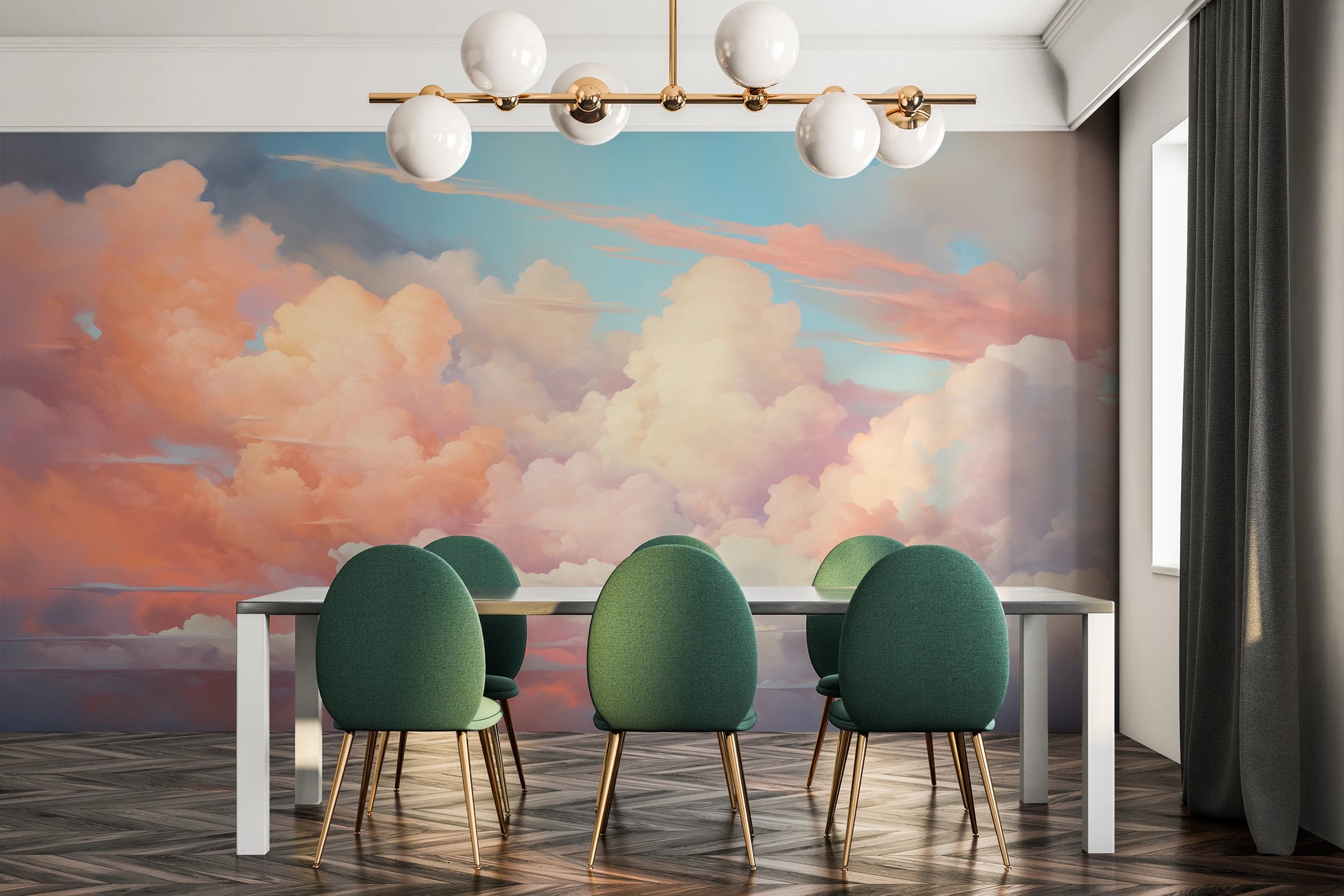Wzór fototapety malowanej o nazwie Cotton Candy Skies pokazanej w aranżacji wnętrza.