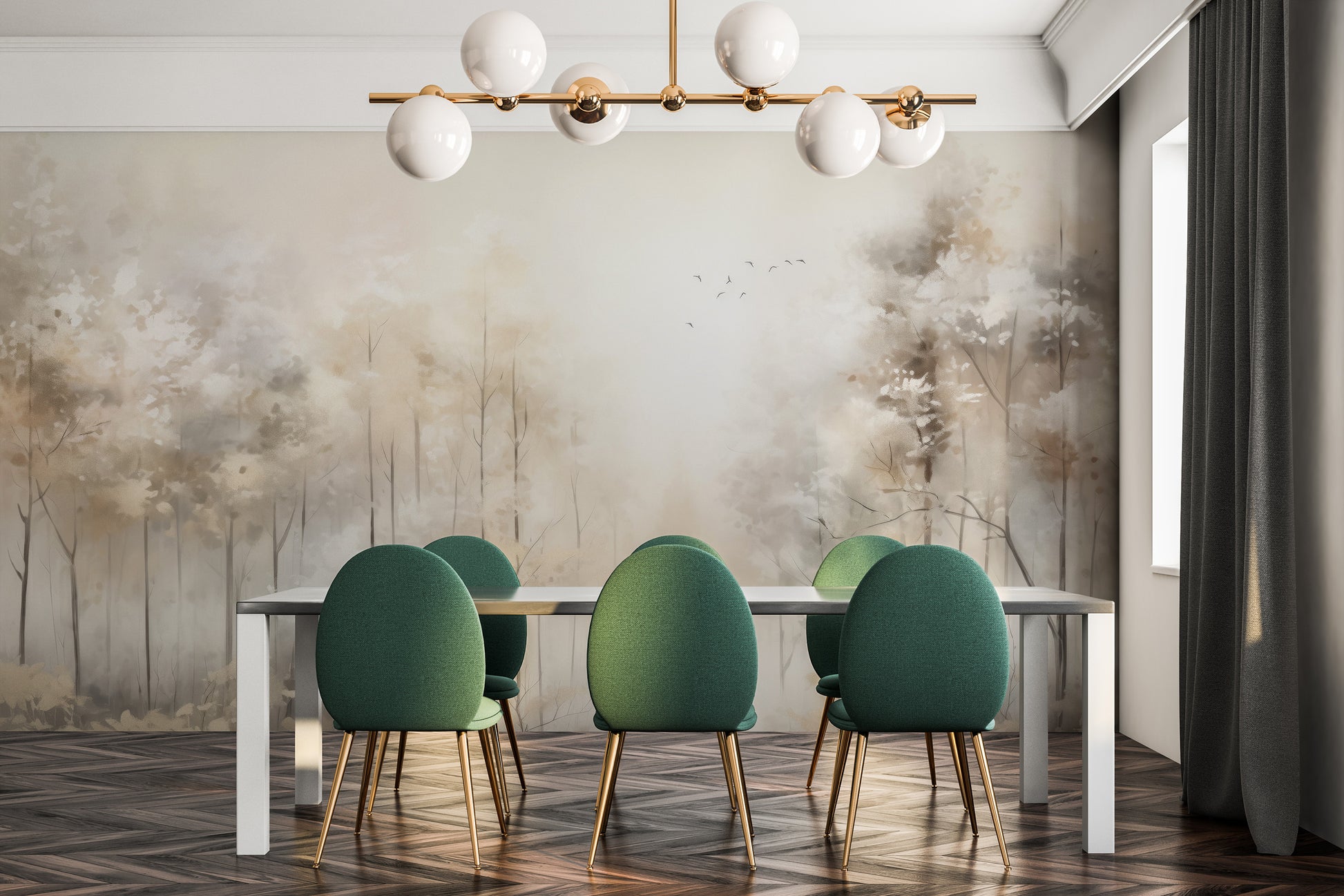 Zdjęcie prezentuje aranżację wnętrza z użyciem fototapety o nazwie MORNING'S FIRST FLIGHT MURAL pokazanej w aranżacji wnętrza.