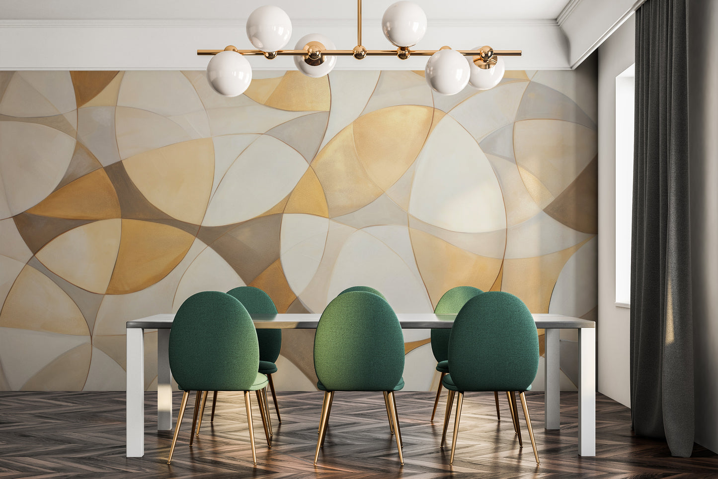 Wzór fototapety artystycznej o nazwie GOLDEN VORTEX MOSAIC pokazanej w aranżacji wnętrza.