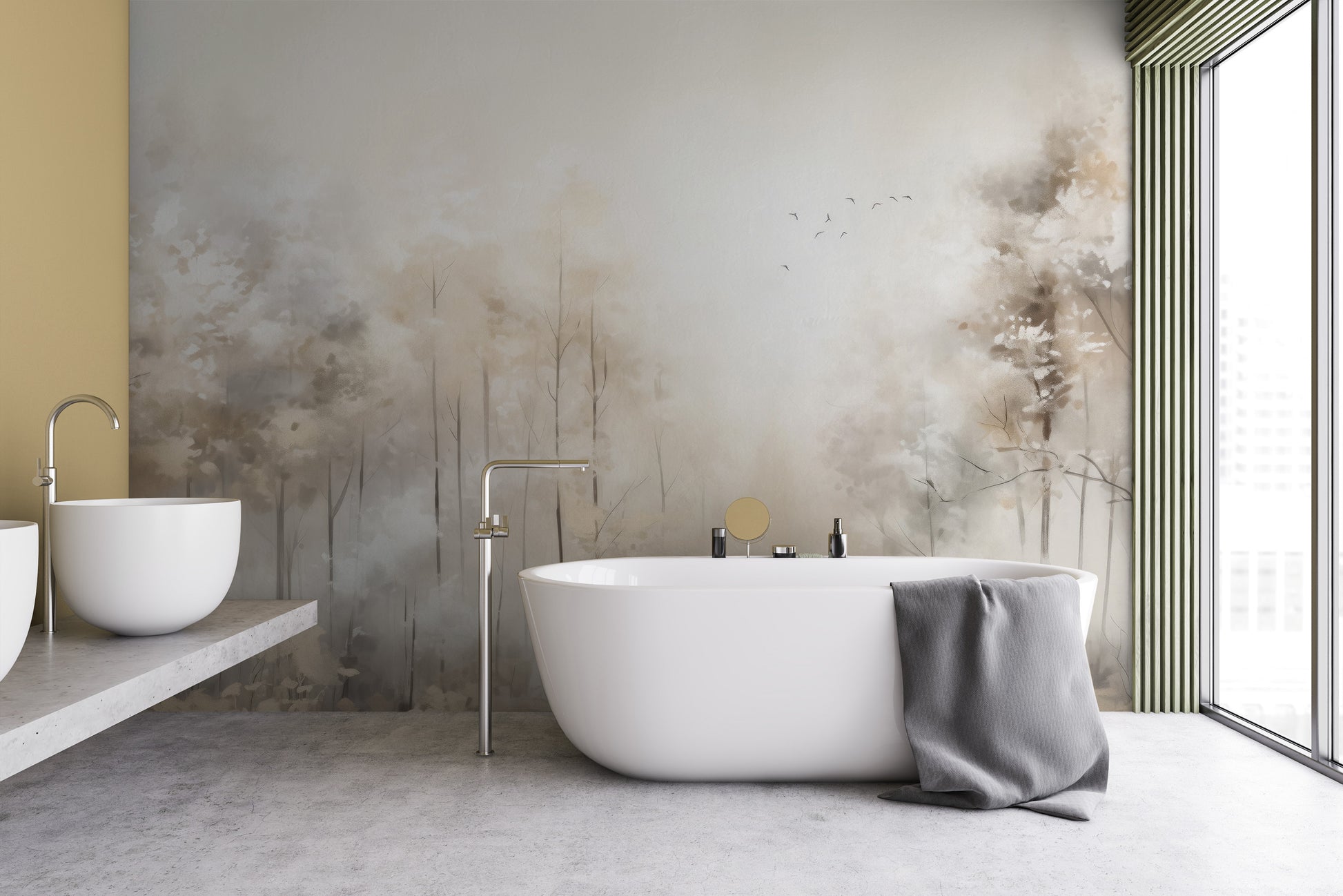 Wzór fototapety artystycznej o nazwie MORNING'S FIRST FLIGHT MURAL pokazanej w aranżacji wnętrza.