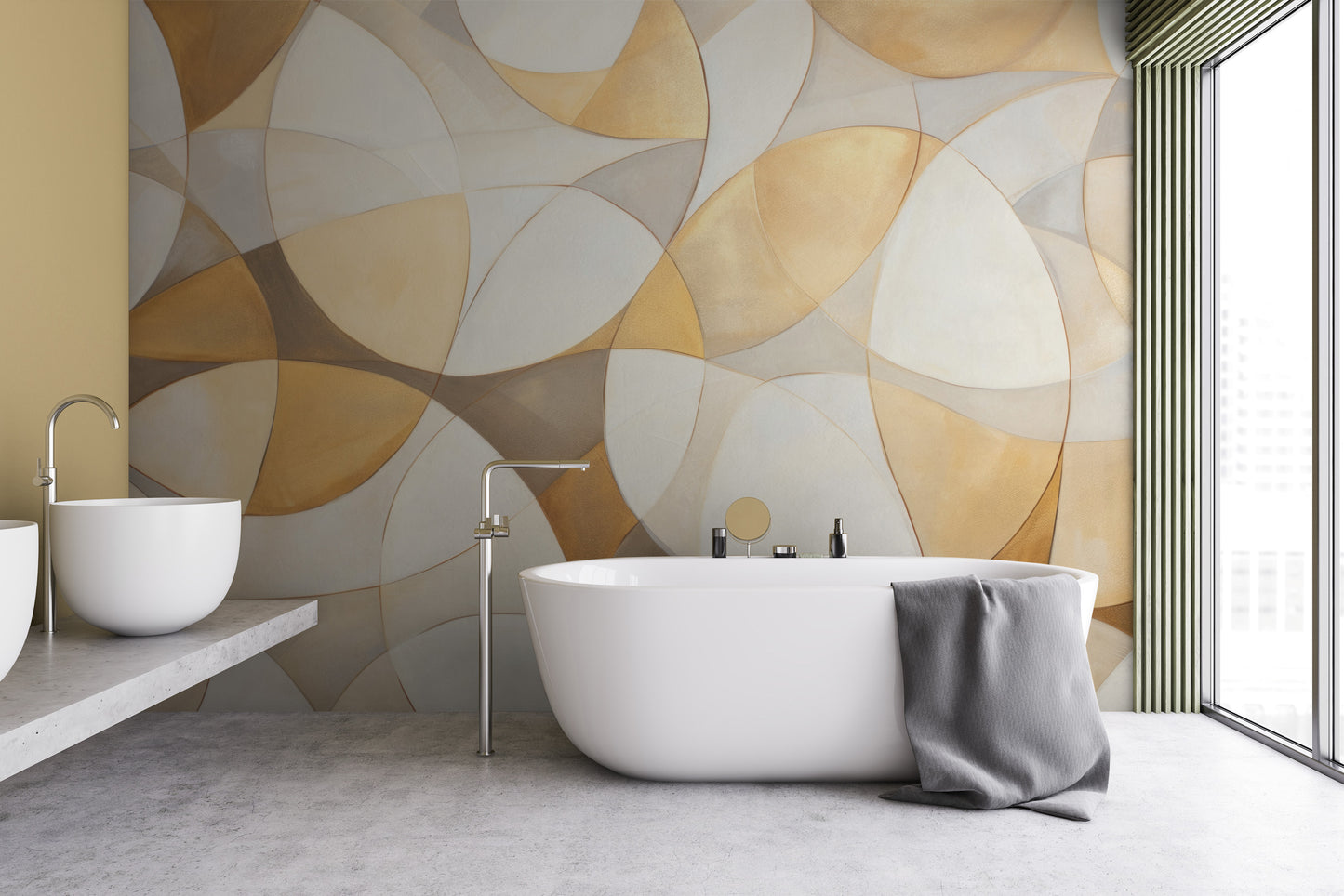 Zdjęcie prezentuje aranżację wnętrza z użyciem fototapety o nazwie GOLDEN VORTEX MOSAIC pokazanej w aranżacji wnętrza.