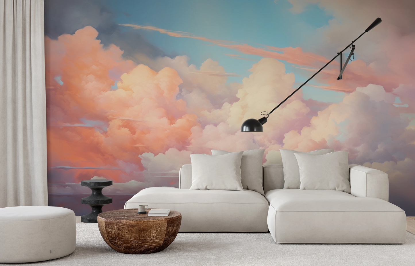 Zdjęcie prezentuje aranżację wnętrza z użyciem fototapety o nazwie Cotton Candy Skies pokazanej w aranżacji wnętrza.