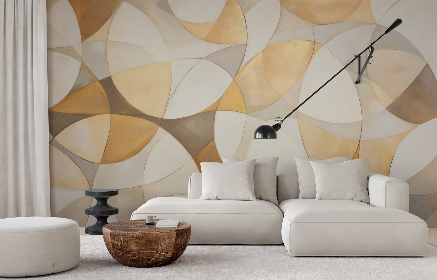 Wzór fototapety artystycznej o nazwie GOLDEN VORTEX MOSAIC pokazanej w aranżacji wnętrza.