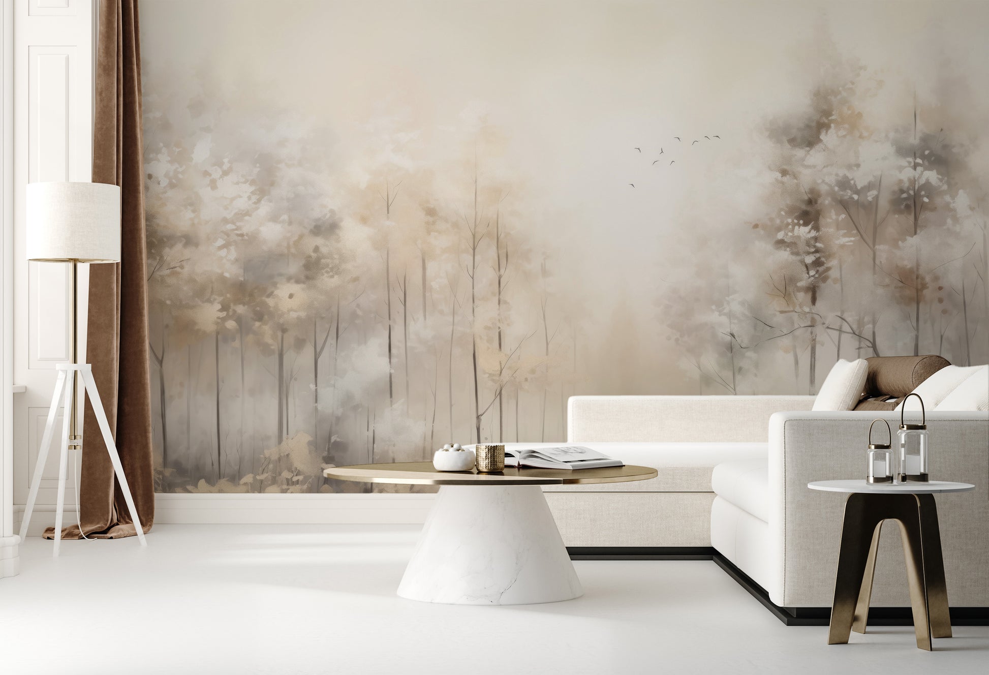 Wzór fototapety artystycznej o nazwie MORNING'S FIRST FLIGHT MURAL pokazanej w aranżacji wnętrza.