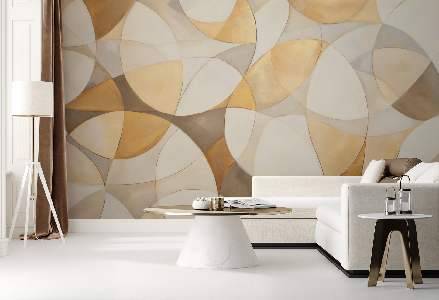 Fototapeta artystyczna o nazwie GOLDEN VORTEX MOSAIC pokazana w aranżacji wnętrza.