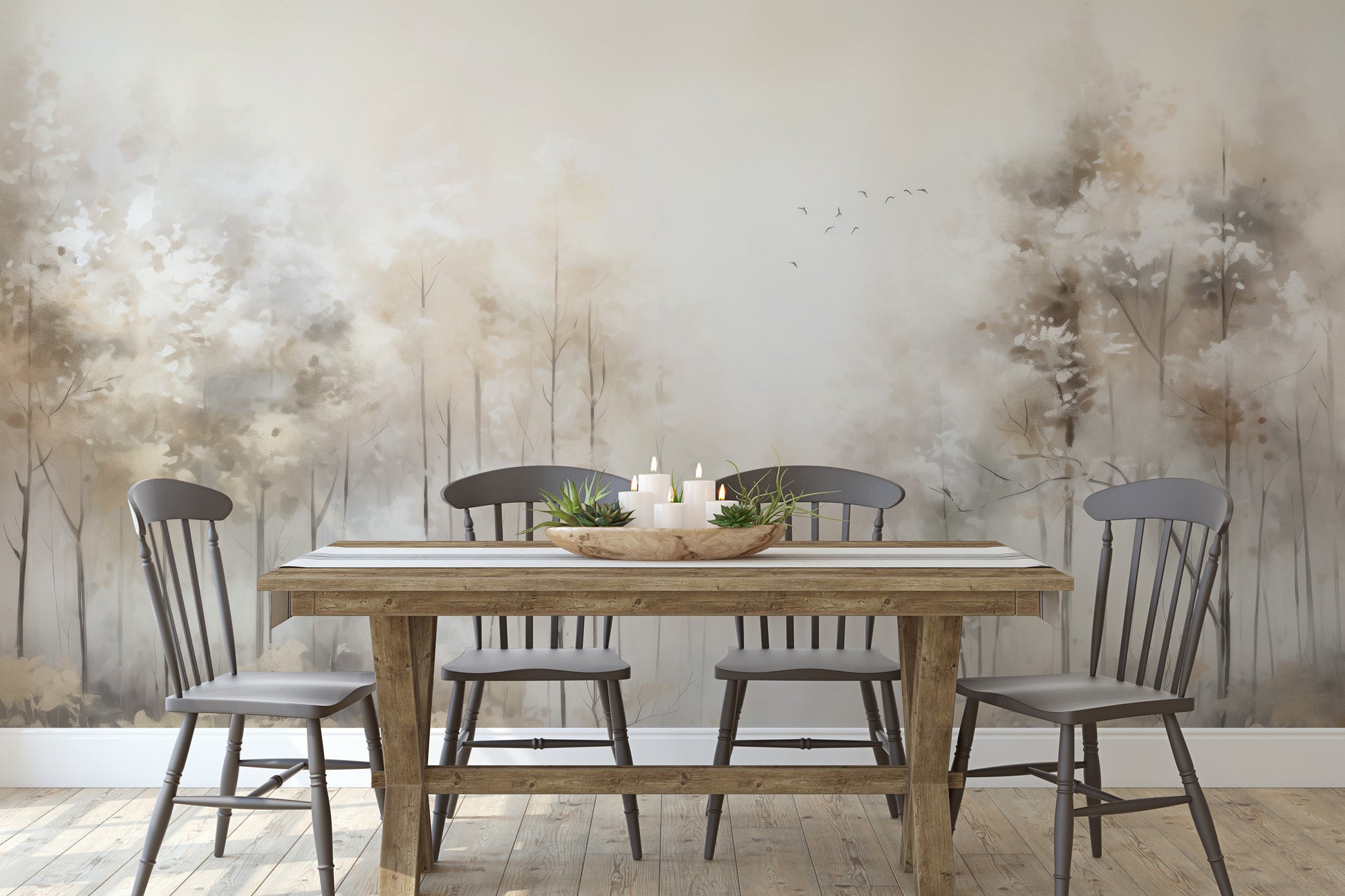 Wzór fototapety malowanej o nazwie MORNING'S FIRST FLIGHT MURAL pokazanej w aranżacji wnętrza.